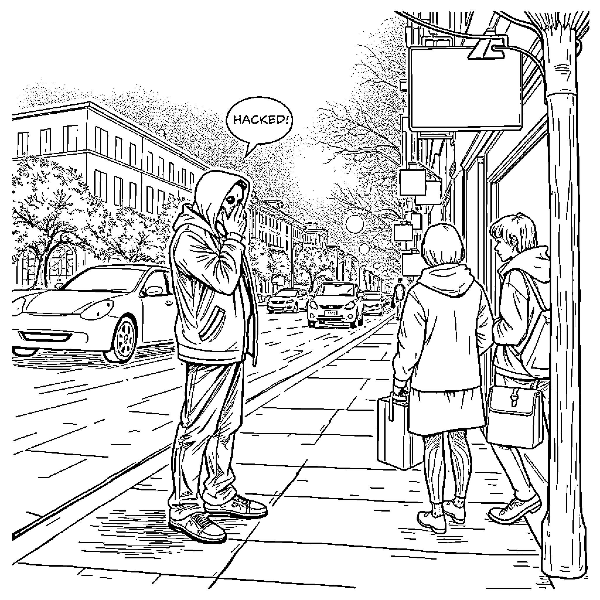 Creep with Anonymous Mask in Urban Alleyway Coloring Page (free black-and-white line drawing printable PDF for all, from beginners to advanced learners, including children, teens, adults, and seniors)