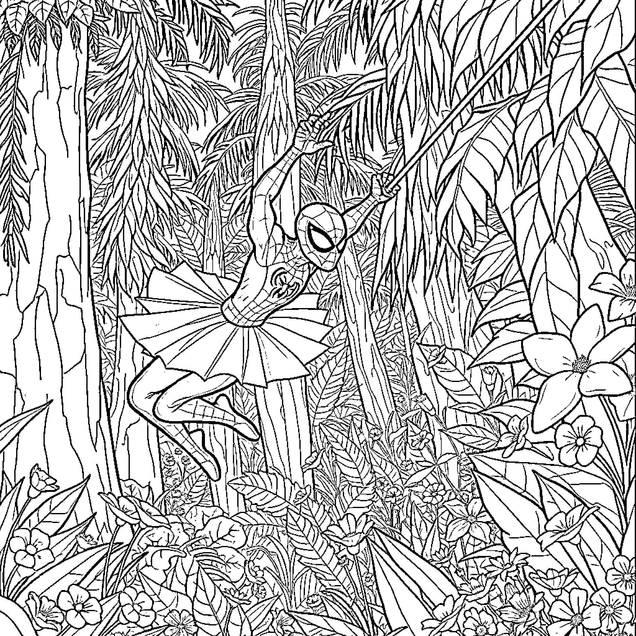 Spiderman exploring a lush tropical jungle Coloring Page (free black-and-white line drawing printable PDF for all, from beginners to advanced learners, including children, teens, adults, and seniors)