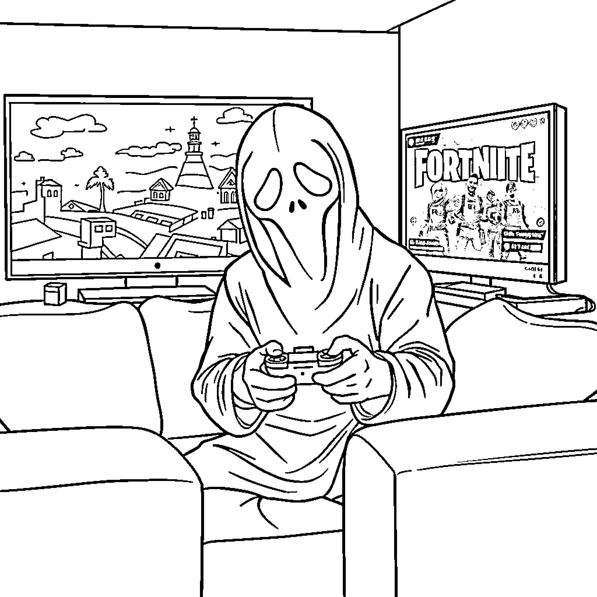 Ghostface playing video game in gamer setup Coloring Page (free black-and-white line drawing printable PDF for all, from beginners to advanced learners, including children, teens, adults, and seniors)