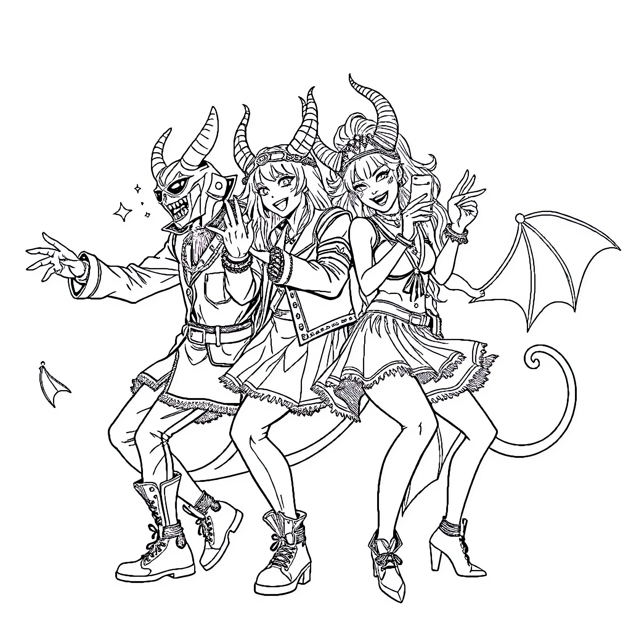 Demon Hunter Duo in Fierce Battle Attire Coloring Page (free black-and-white line drawing printable PDF for all, from beginners to advanced learners, including children, teens, adults, and seniors)