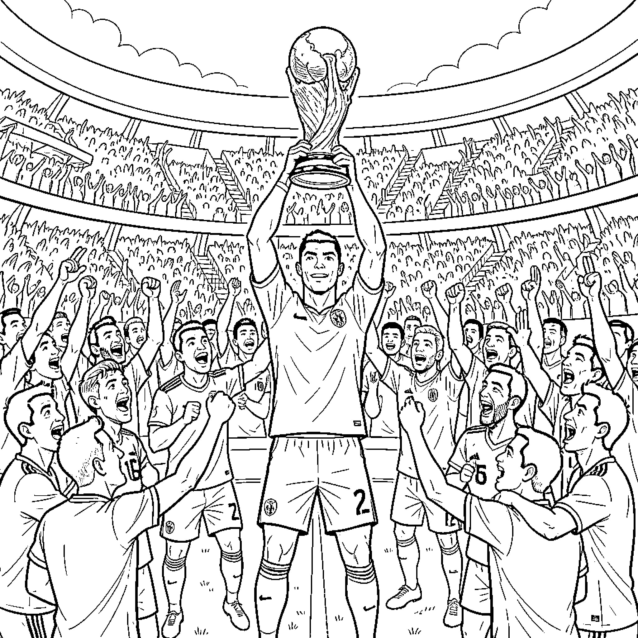 Cristiano Ronaldo lifting a trophy in a crowded stadium Coloring Page (free black-and-white line drawing printable PDF for all, from beginners to advanced learners, including children, teens, adults, and seniors)