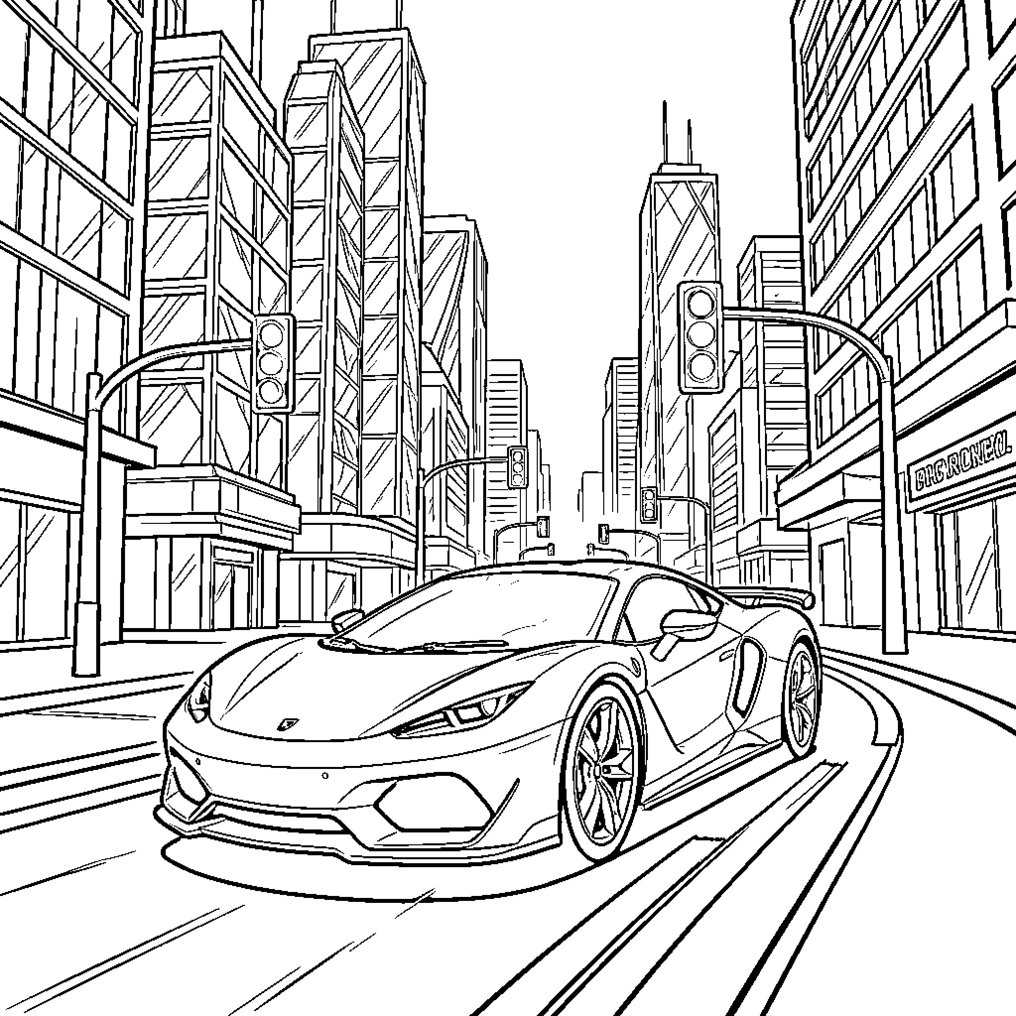 Sports Car Speeding Through Futuristic City Skyline Coloring Page (free black-and-white line drawing printable PDF for all, from beginners to advanced learners, including children, teens, adults, and seniors)