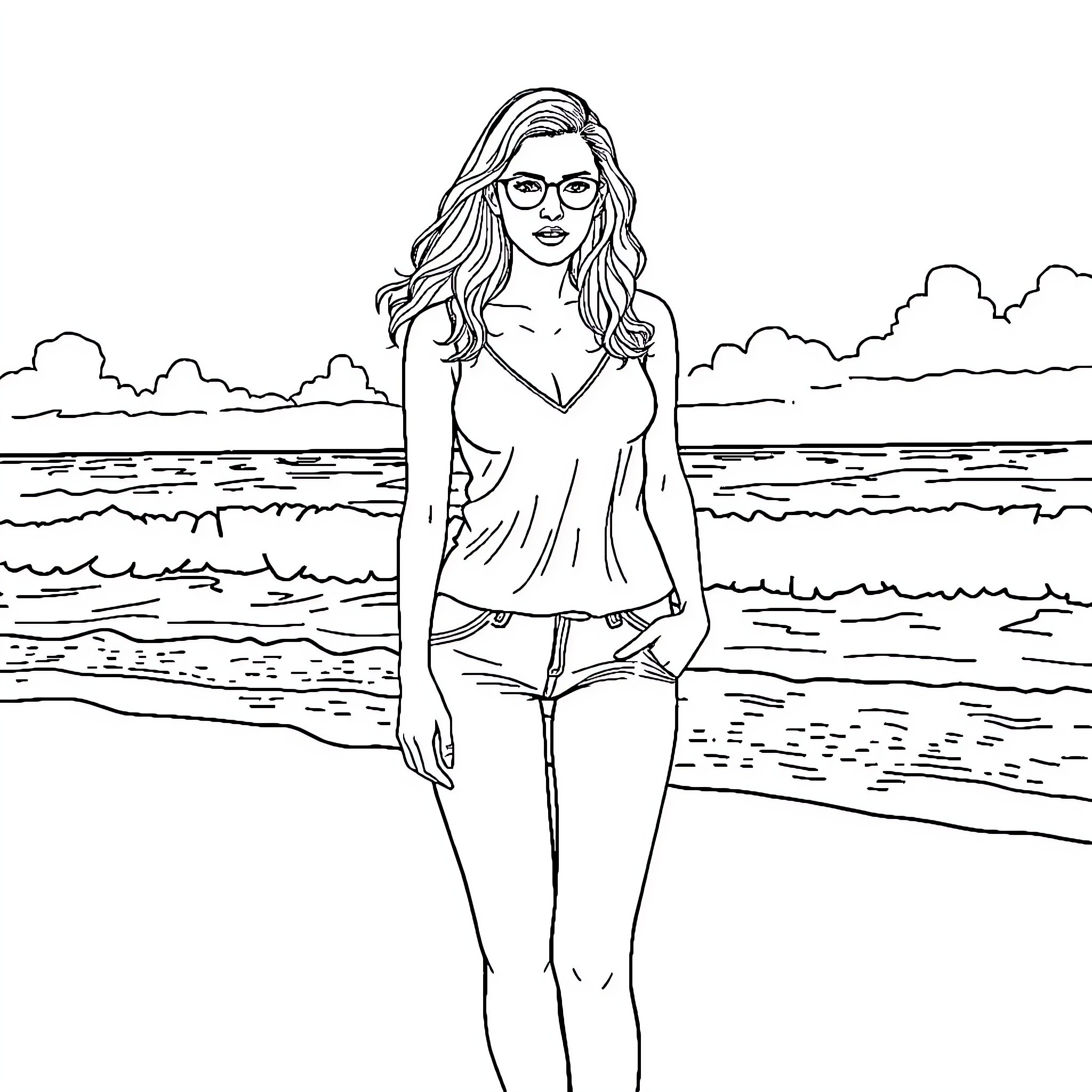 Anna Kendrick on the Beach in Casual Outfit Coloring Page (free black-and-white line drawing printable PDF for all, from beginners to advanced learners, including children, teens, adults, and seniors)