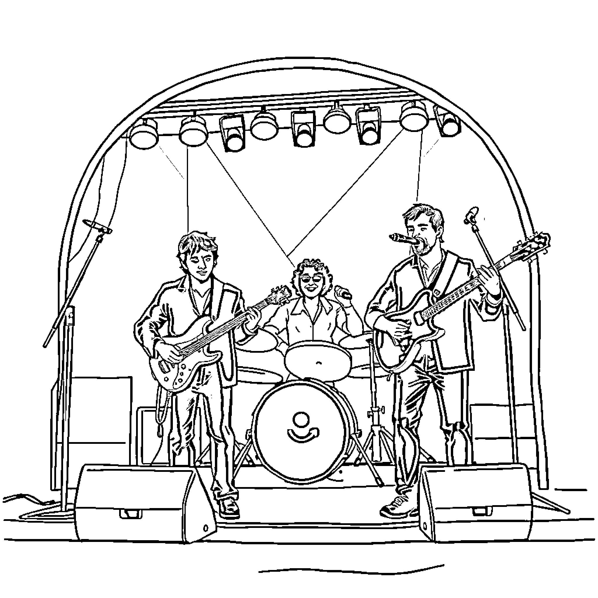 Banda performing live on stage Coloring Page (free black-and-white line drawing printable PDF for all, from beginners to advanced learners, including children, teens, adults, and seniors)