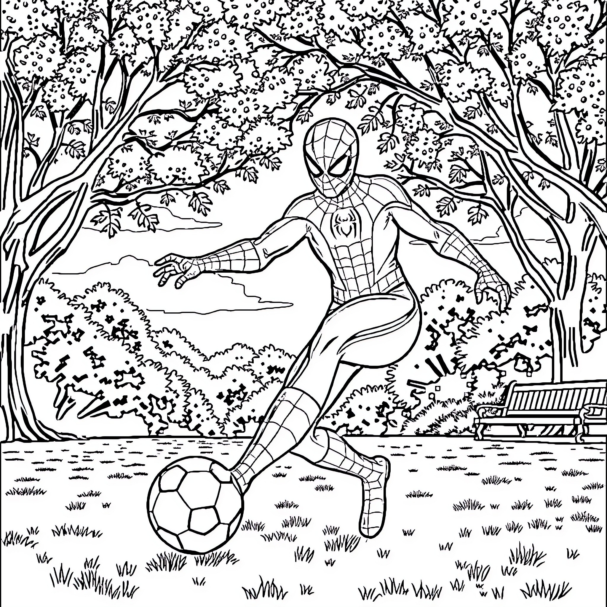 Spiderman playing soccer in the park Coloring Page (free black-and-white line drawing printable PDF for all, from beginners to advanced learners, including children, teens, adults, and seniors)
