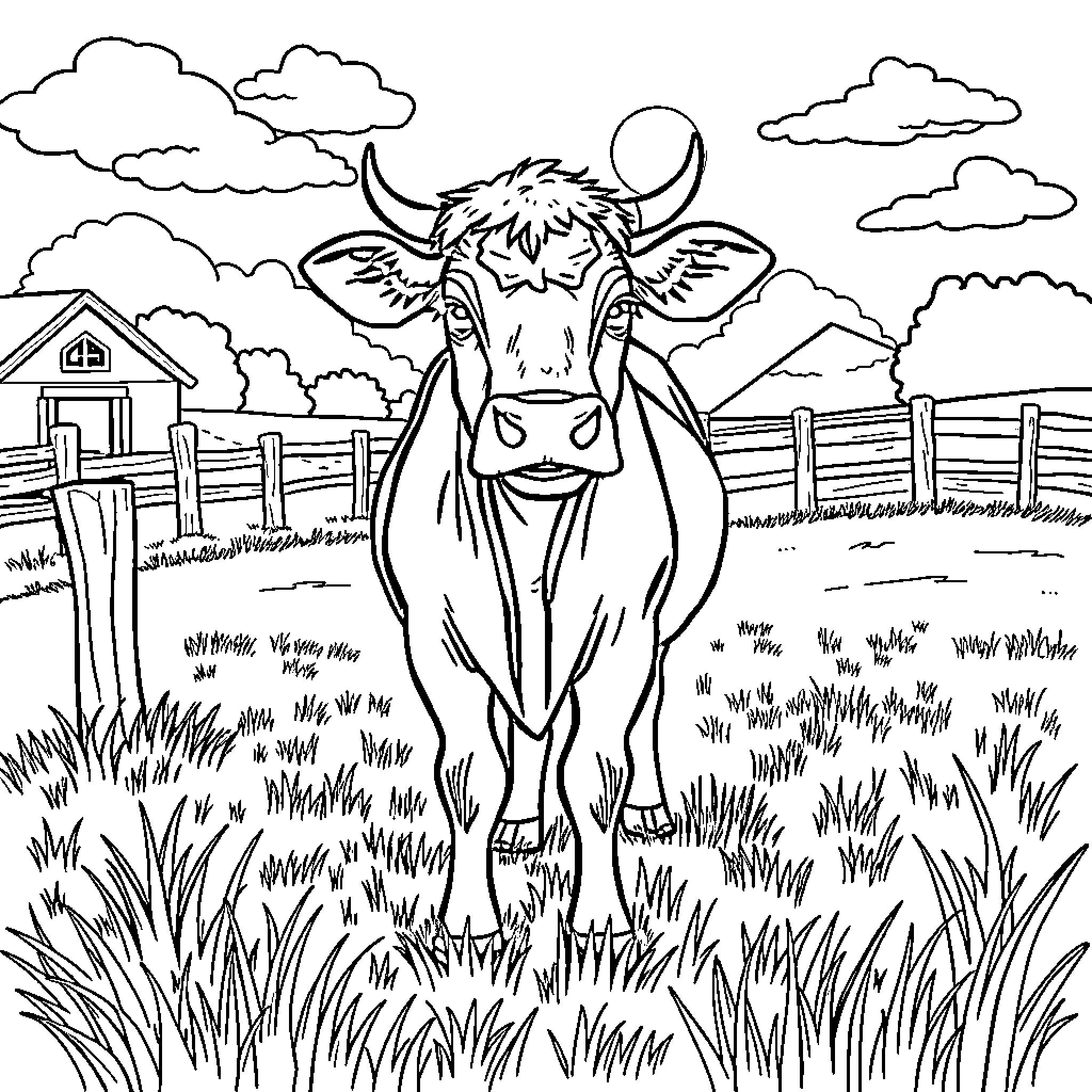 Cow grazing peacefully in a pastoral landscape Coloring Page (free black-and-white line drawing printable PDF for all, from beginners to advanced learners, including children, teens, adults, and seniors)