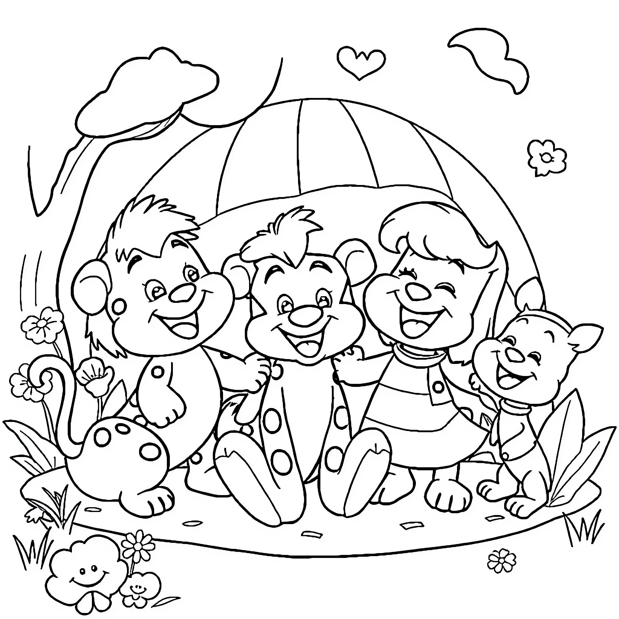Dandy Cartoon Characters Enjoying a Rainy Day Coloring Page (free black-and-white line drawing printable PDF for all, from beginners to advanced learners, including children, teens, adults, and seniors)