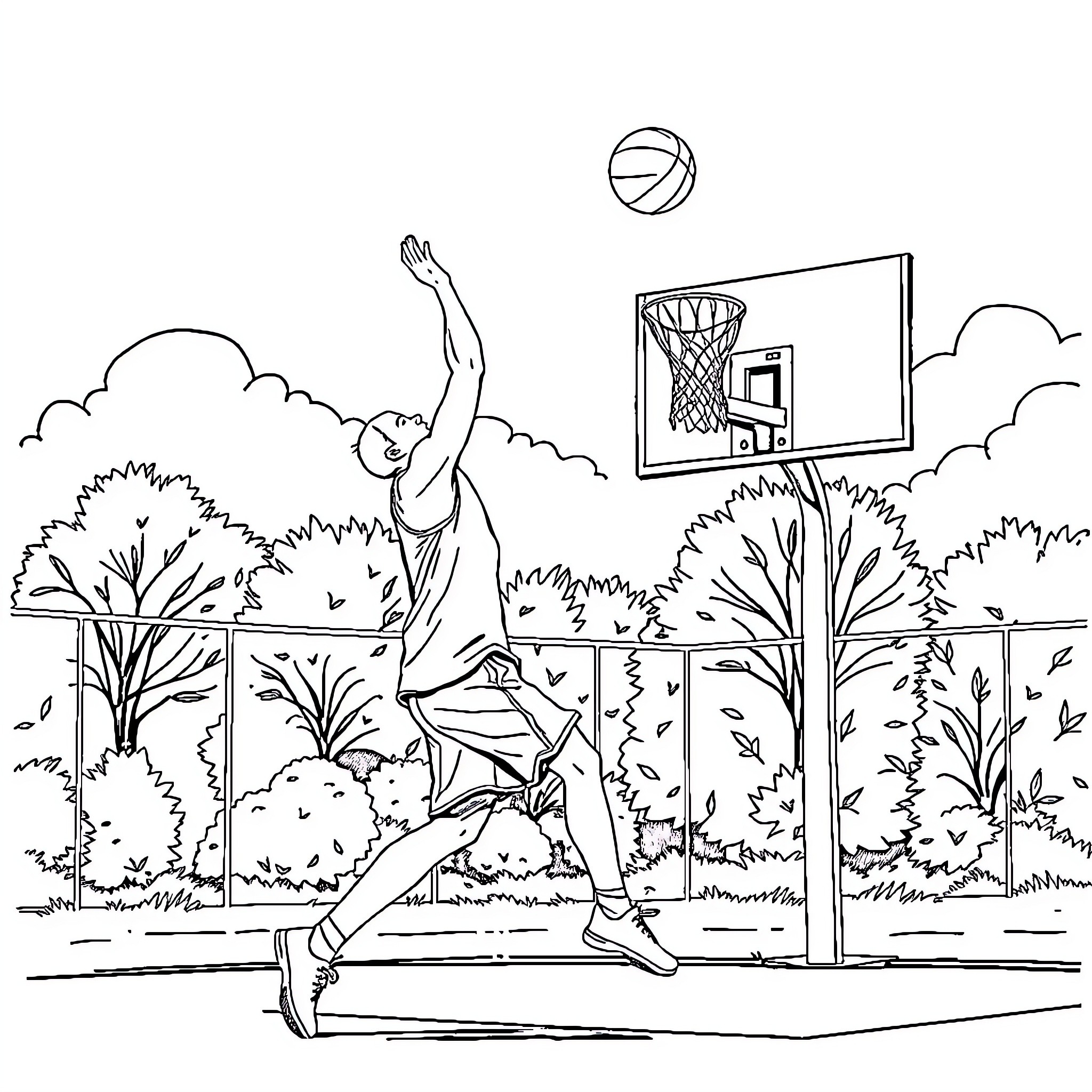 Barman playing basketball outdoors on a court Coloring Page (free black-and-white line drawing printable PDF for all, from beginners to advanced learners, including children, teens, adults, and seniors)