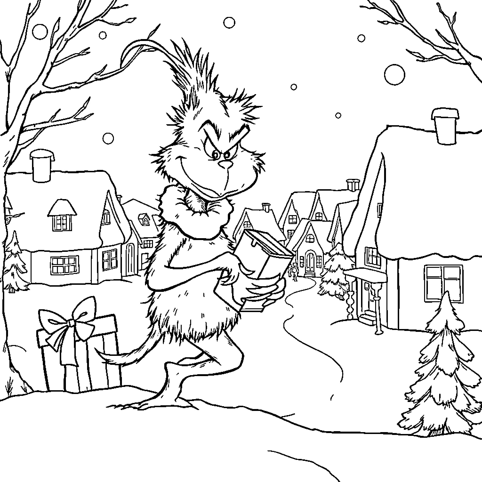 Grinch carrying gifts through snowy village Coloring Page (free black-and-white line drawing printable PDF for all, from beginners to advanced learners, including children, teens, adults, and seniors)