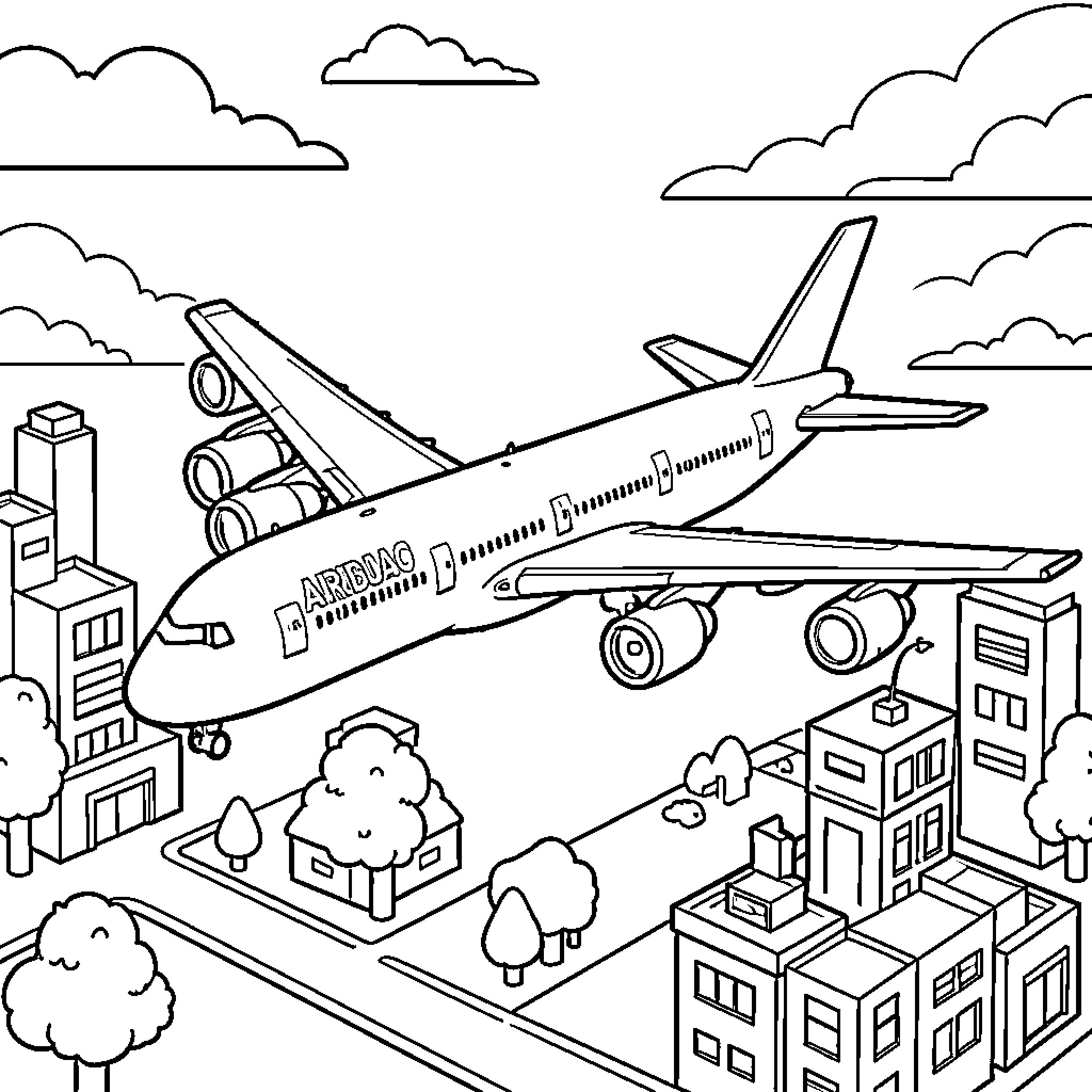Airbus A380 flying over a city landscape Coloring Page (free black-and-white line drawing printable PDF for all, from beginners to advanced learners, including children, teens, adults, and seniors)