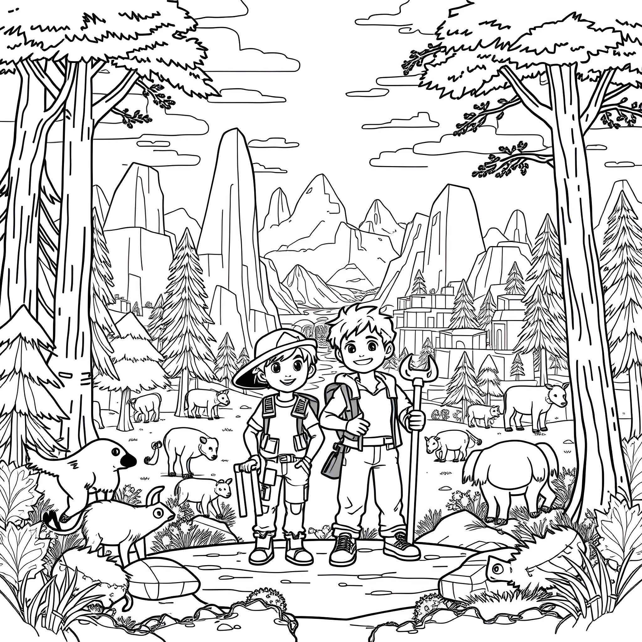 Minecraft Explorers in the Enchanted Forest Coloring Page (free black-and-white line drawing printable PDF for all, from beginners to advanced learners, including children, teens, adults, and seniors)