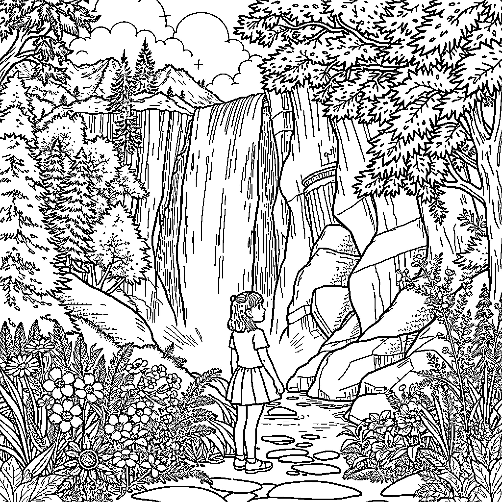 Girl exploring a magical waterfall forest landscape Coloring Page (free black-and-white line drawing printable PDF for all, from beginners to advanced learners, including children, teens, adults, and seniors)