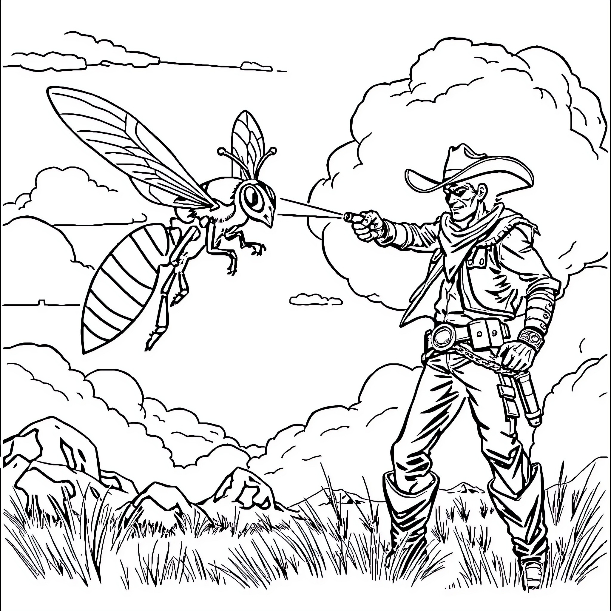 Cowboy battling a giant insect in the wilderness Coloring Page (free black-and-white line drawing printable PDF for all, from beginners to advanced learners, including children, teens, adults, and seniors)