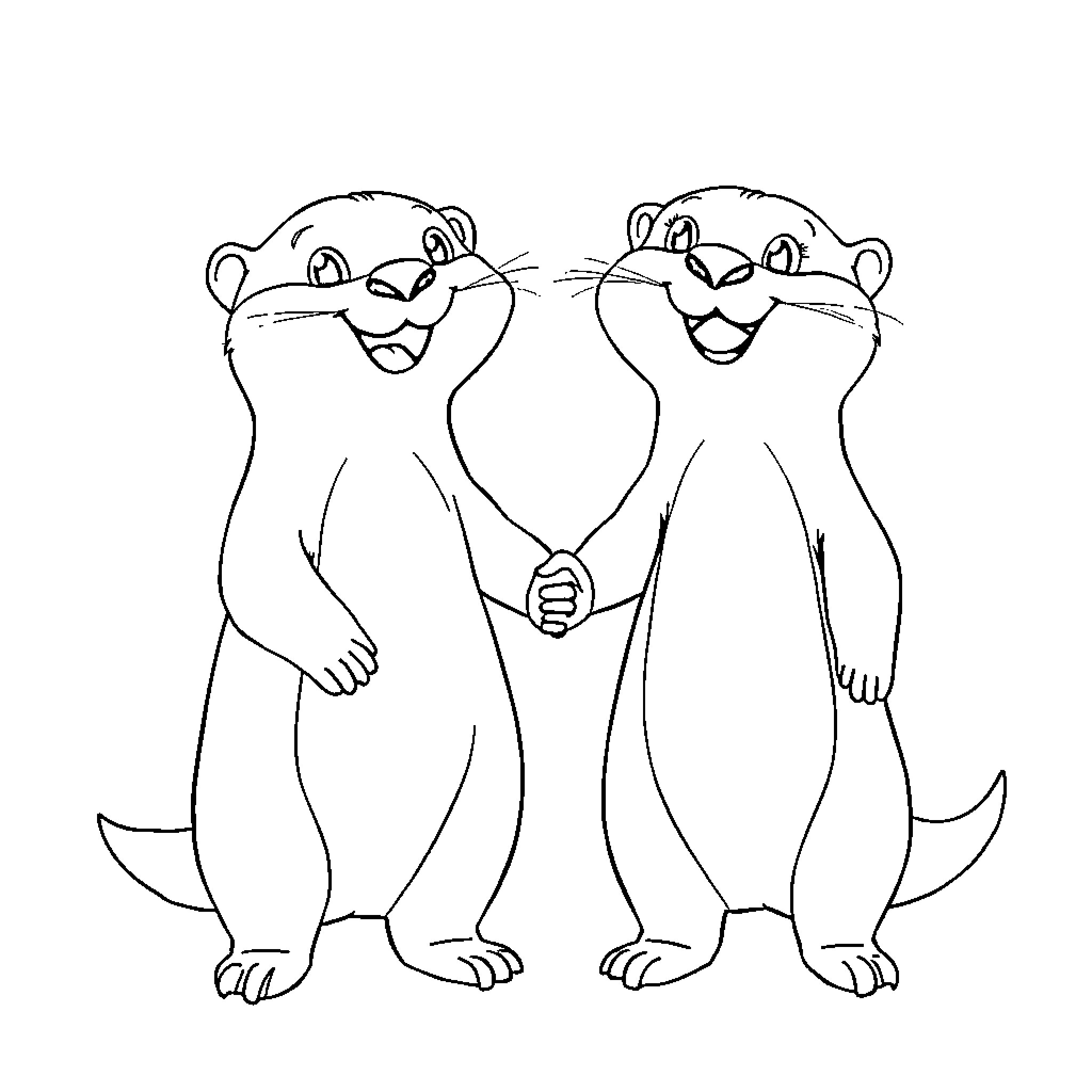 Otters holding hands in a playful manner Coloring Page (free black-and-white line drawing printable PDF for all, from beginners to advanced learners, including children, teens, adults, and seniors)