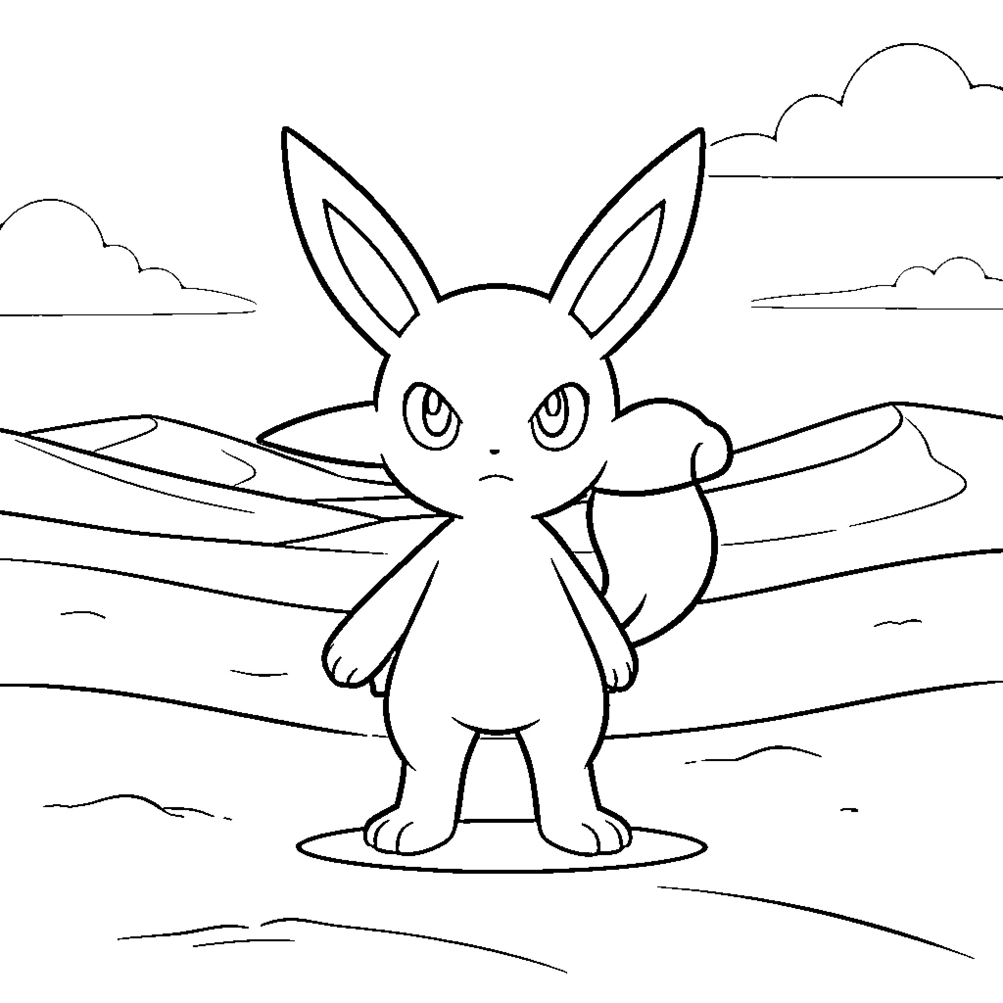 Umbreon Stands Resolute in Scenic Landscape Coloring Page (free black-and-white line drawing printable PDF for all, from beginners to advanced learners, including children, teens, adults, and seniors)