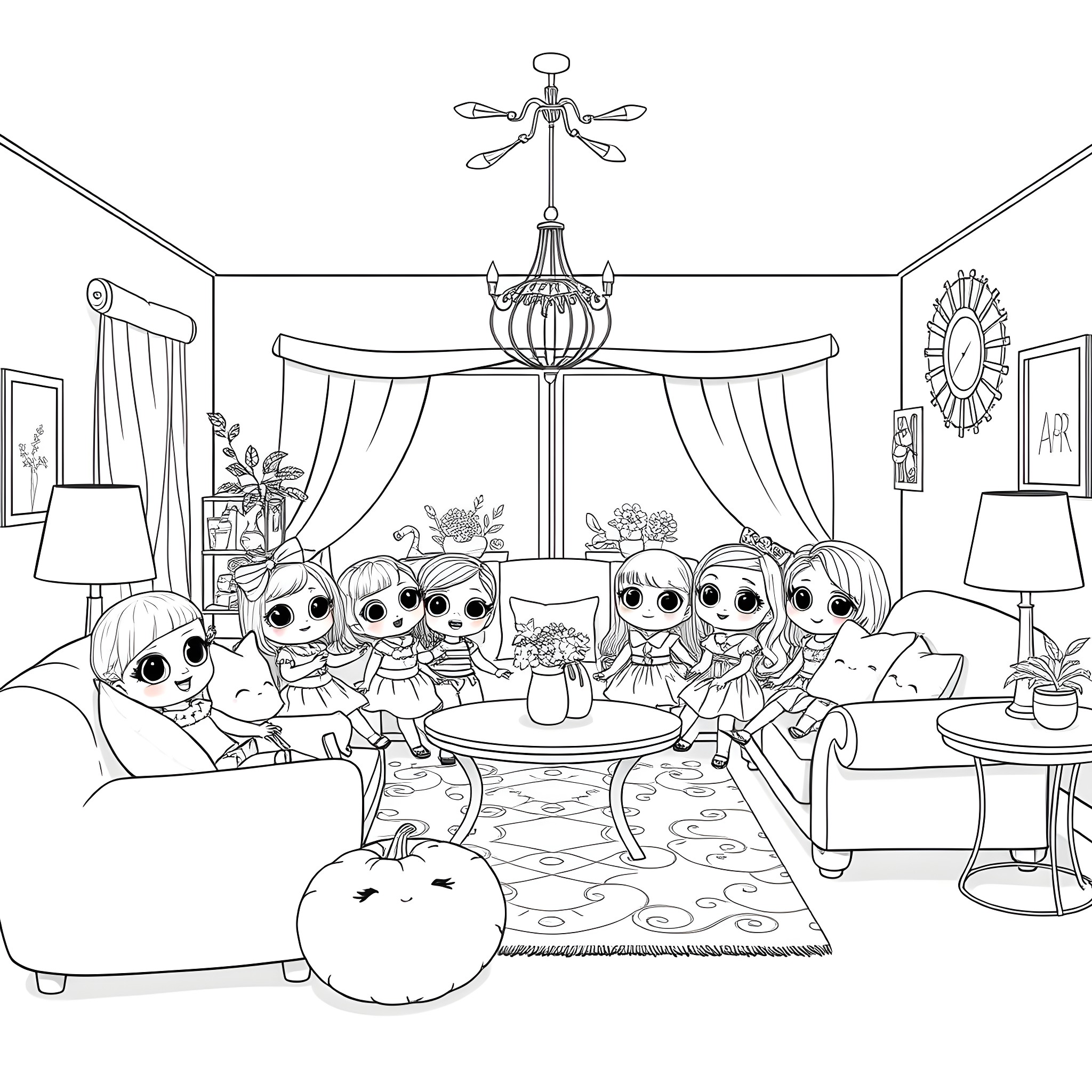 Doll friends enjoying a cozy indoor gathering Coloring Page (free black-and-white line drawing printable PDF for all, from beginners to advanced learners, including children, teens, adults, and seniors)