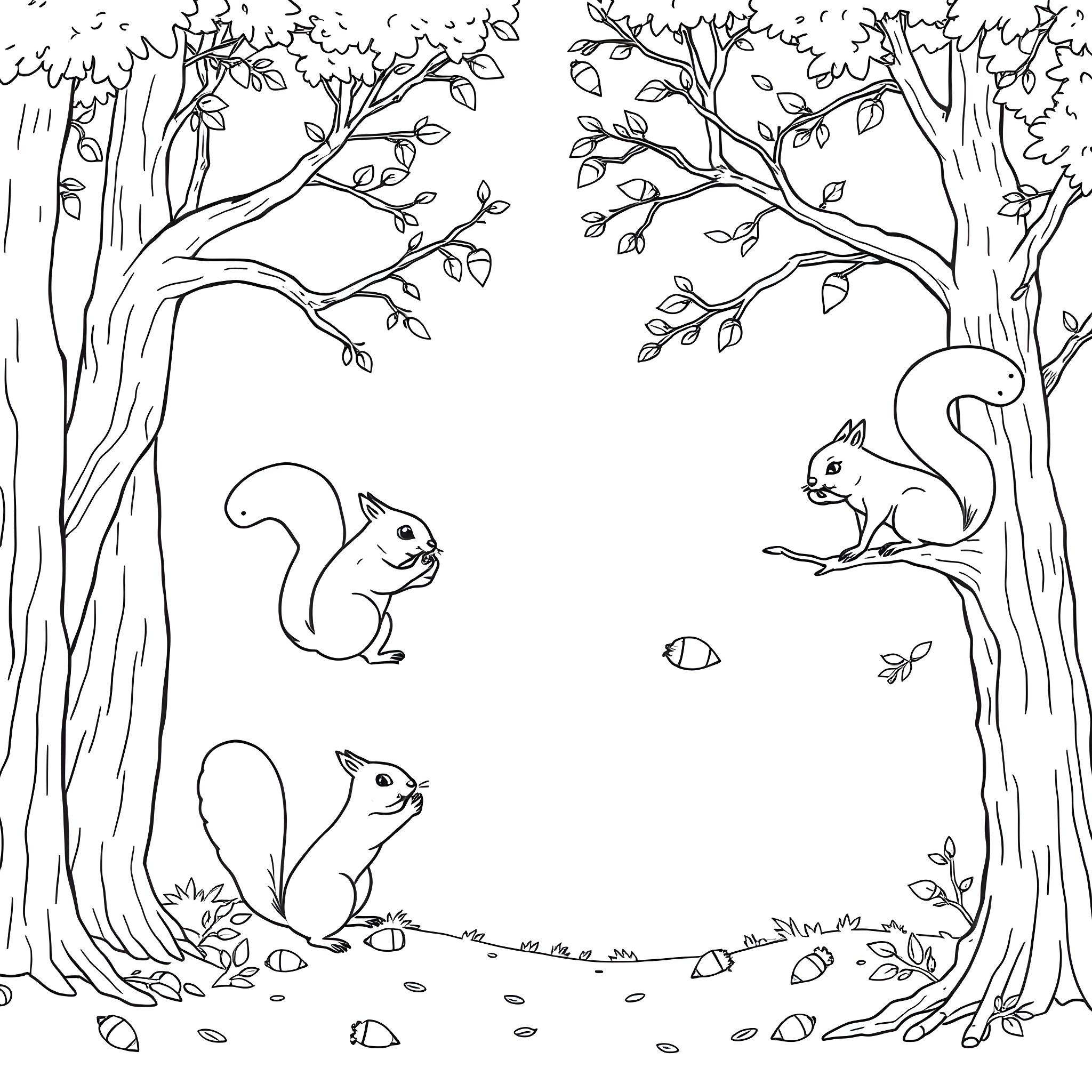 Squirrels playing in the autumn forest Coloring Page (free black-and-white line drawing printable PDF for all, from beginners to advanced learners, including children, teens, adults, and seniors)