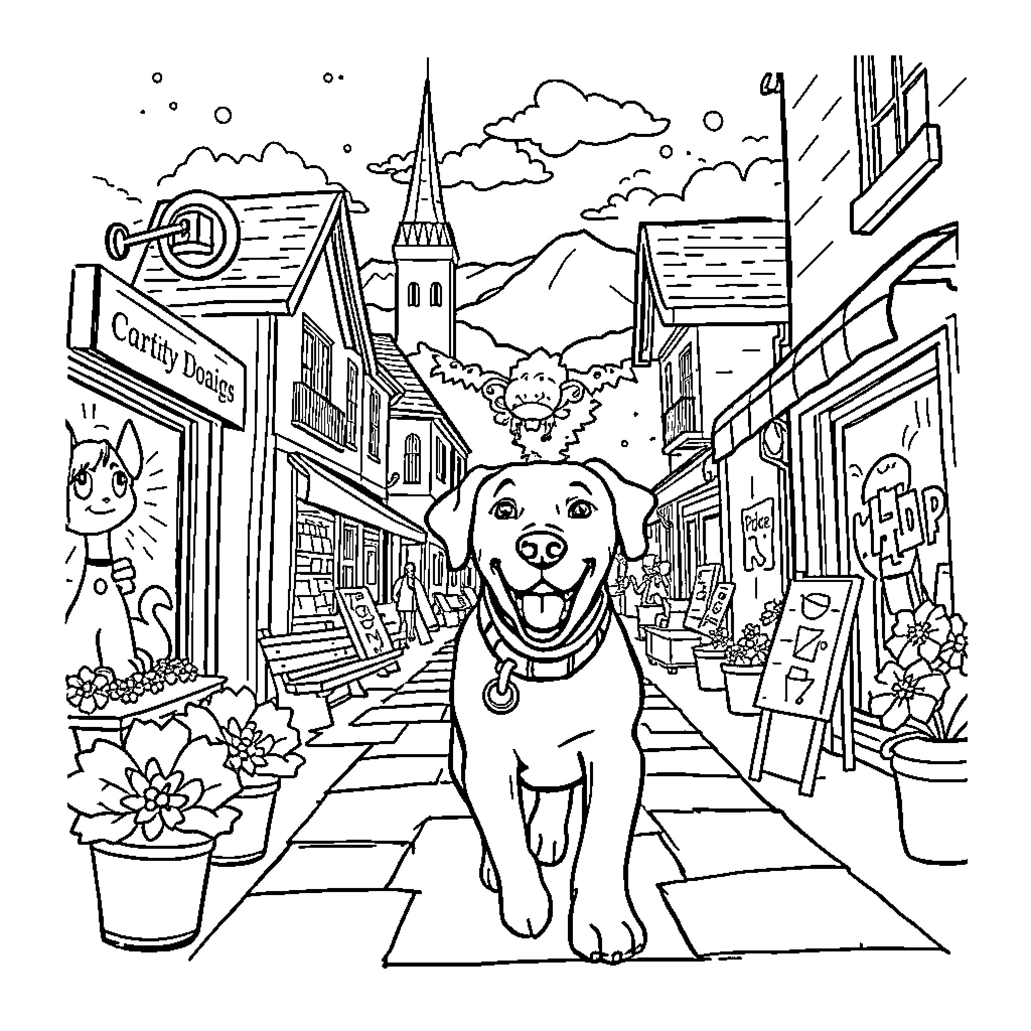 Labrador exploring a vibrant town street Coloring Page (free black-and-white line drawing printable PDF for all, from beginners to advanced learners, including children, teens, adults, and seniors)