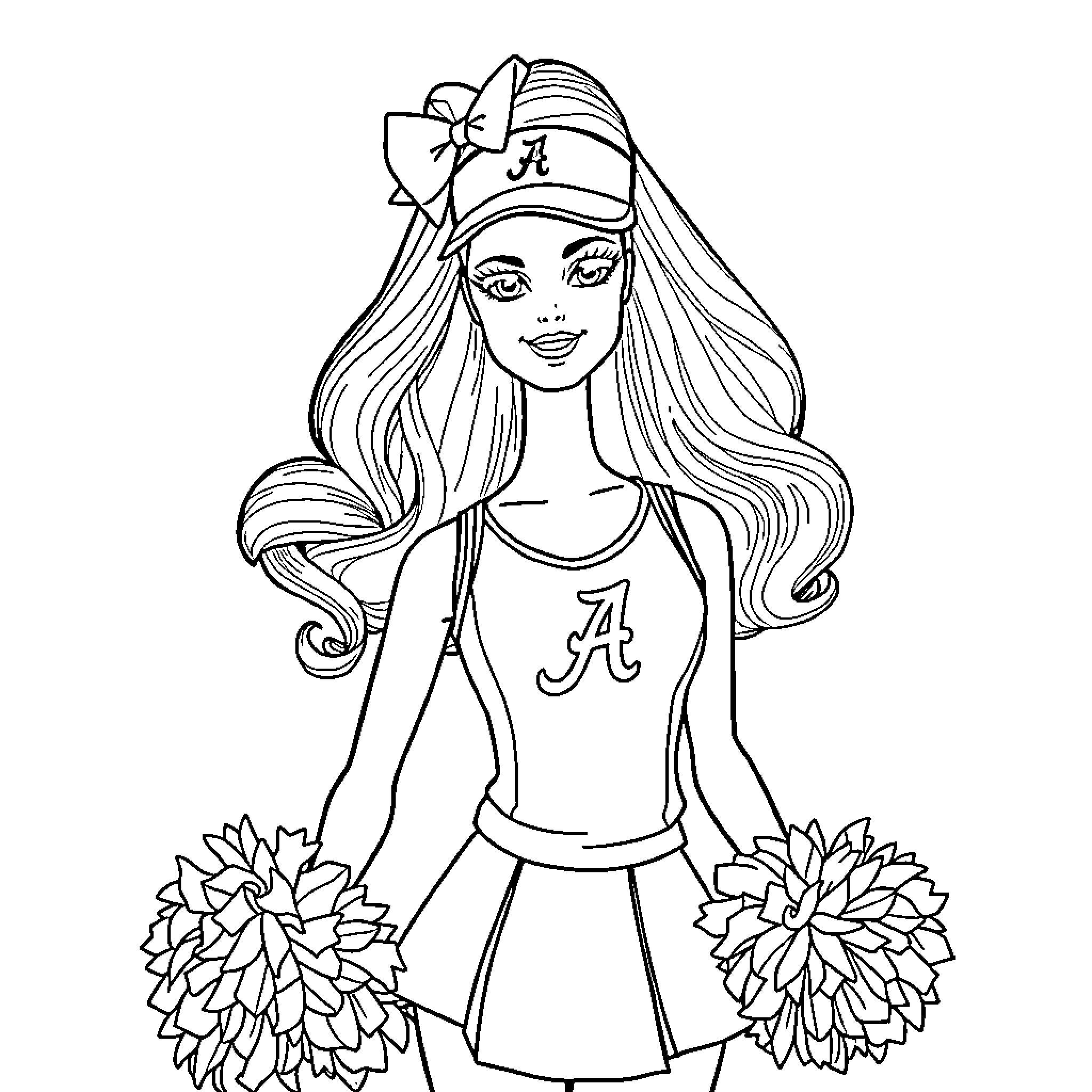 Cheerleader with long hair and uniform posing with pom-poms Coloring Page (free black-and-white line drawing printable PDF for all, from beginners to advanced learners, including children, teens, adults, and seniors)