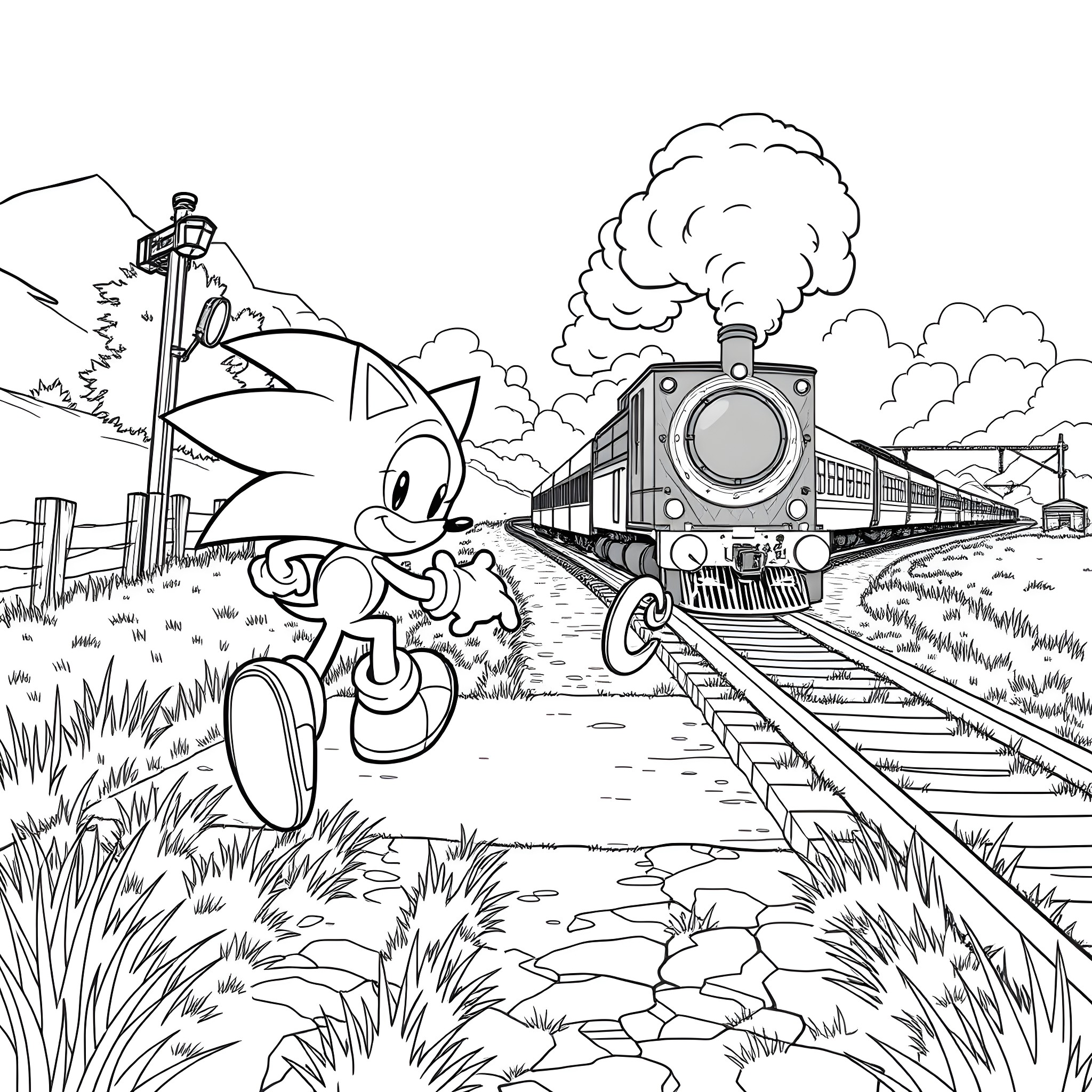 Sonic the Hedgehog running on the railway tracks Coloring Page (free black-and-white line drawing printable PDF for all, from beginners to advanced learners, including children, teens, adults, and seniors)