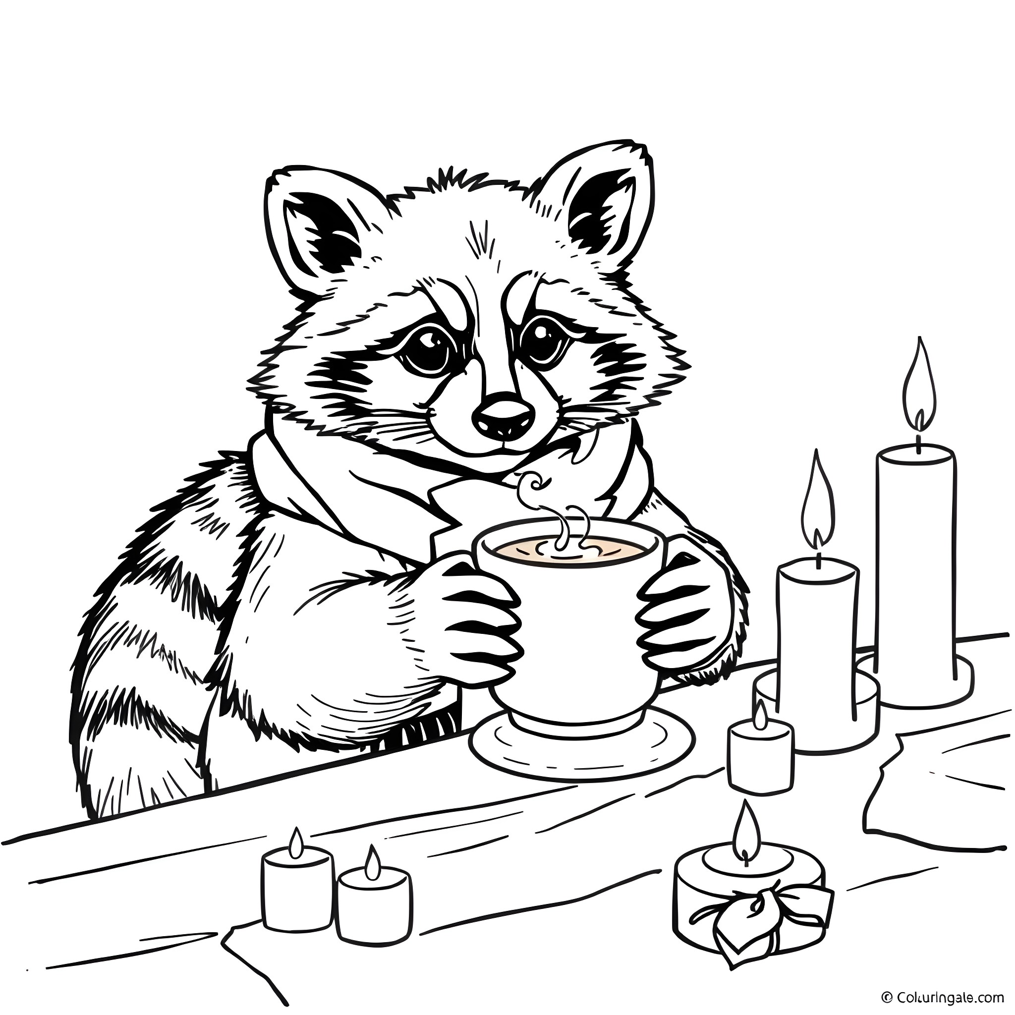 Raccoon enjoying a cozy cup of tea by candlelight Coloring Page (free black-and-white line drawing printable PDF for all, from beginners to advanced learners, including children, teens, adults, and seniors)