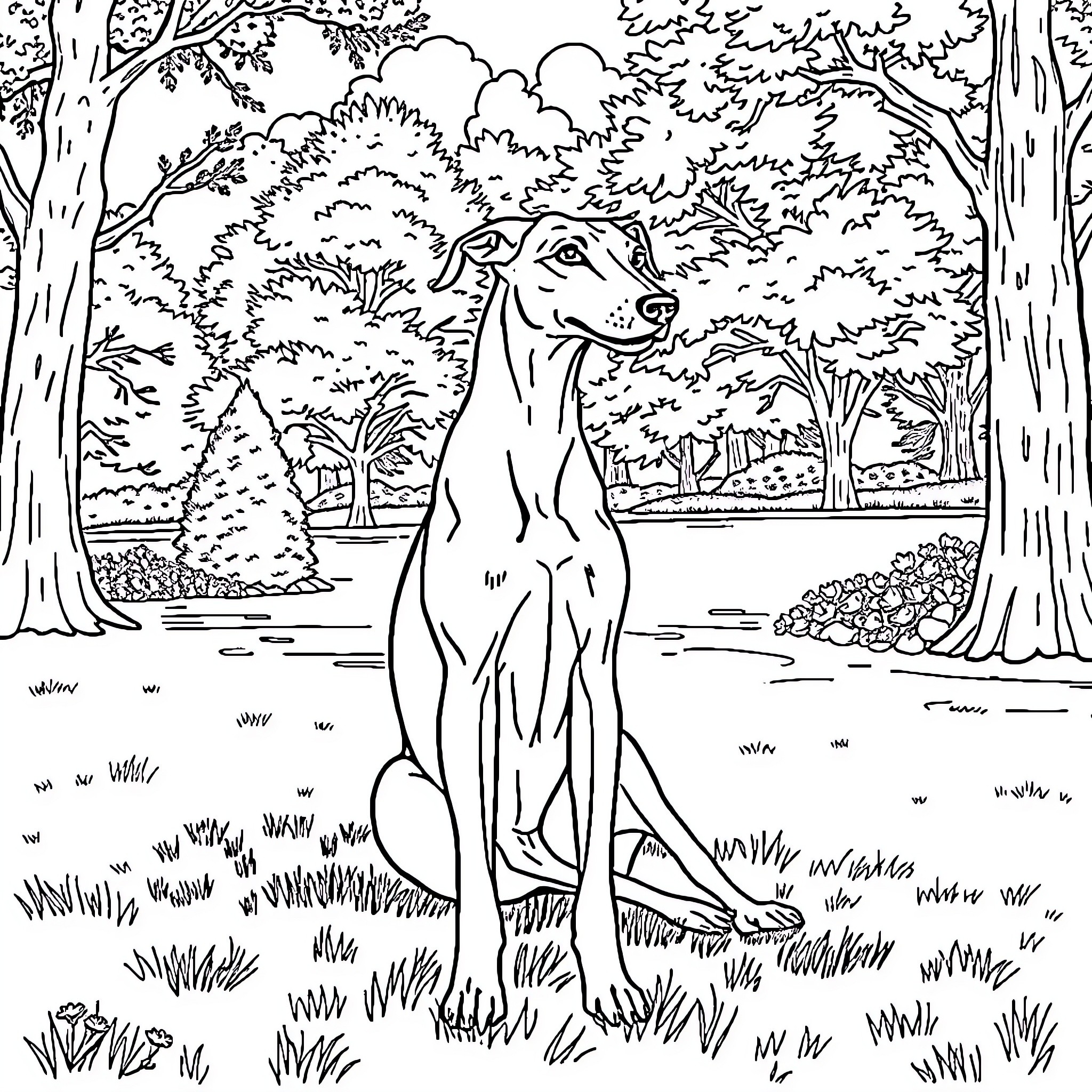 Greyhound relaxing in the lush forest landscape Coloring Page (free black-and-white line drawing printable PDF for all, from beginners to advanced learners, including children, teens, adults, and seniors)
