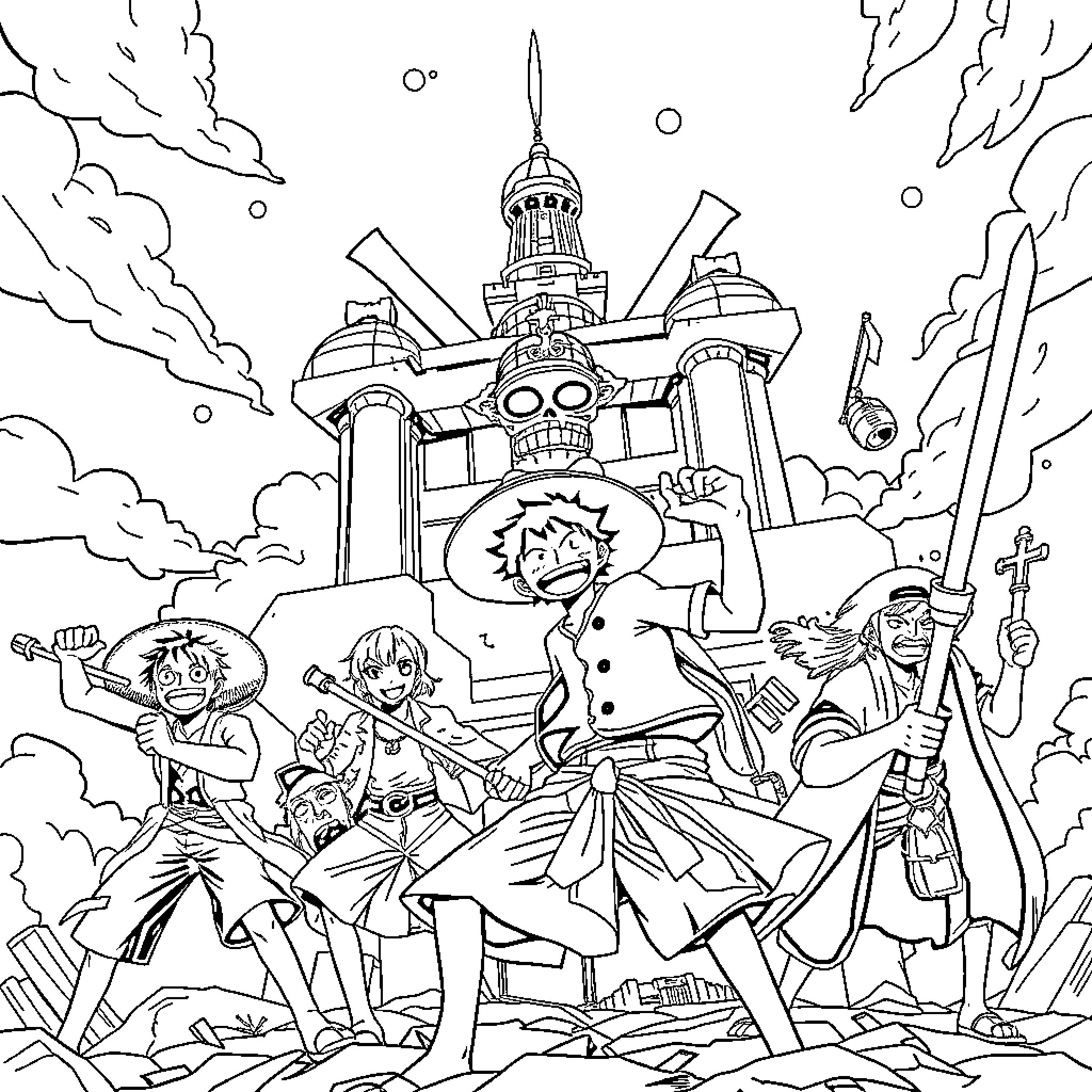 Strawhat Crew in Adventurous Exploits at Exotic Locale Coloring Page (free black-and-white line drawing printable PDF for all, from beginners to advanced learners, including children, teens, adults, and seniors)