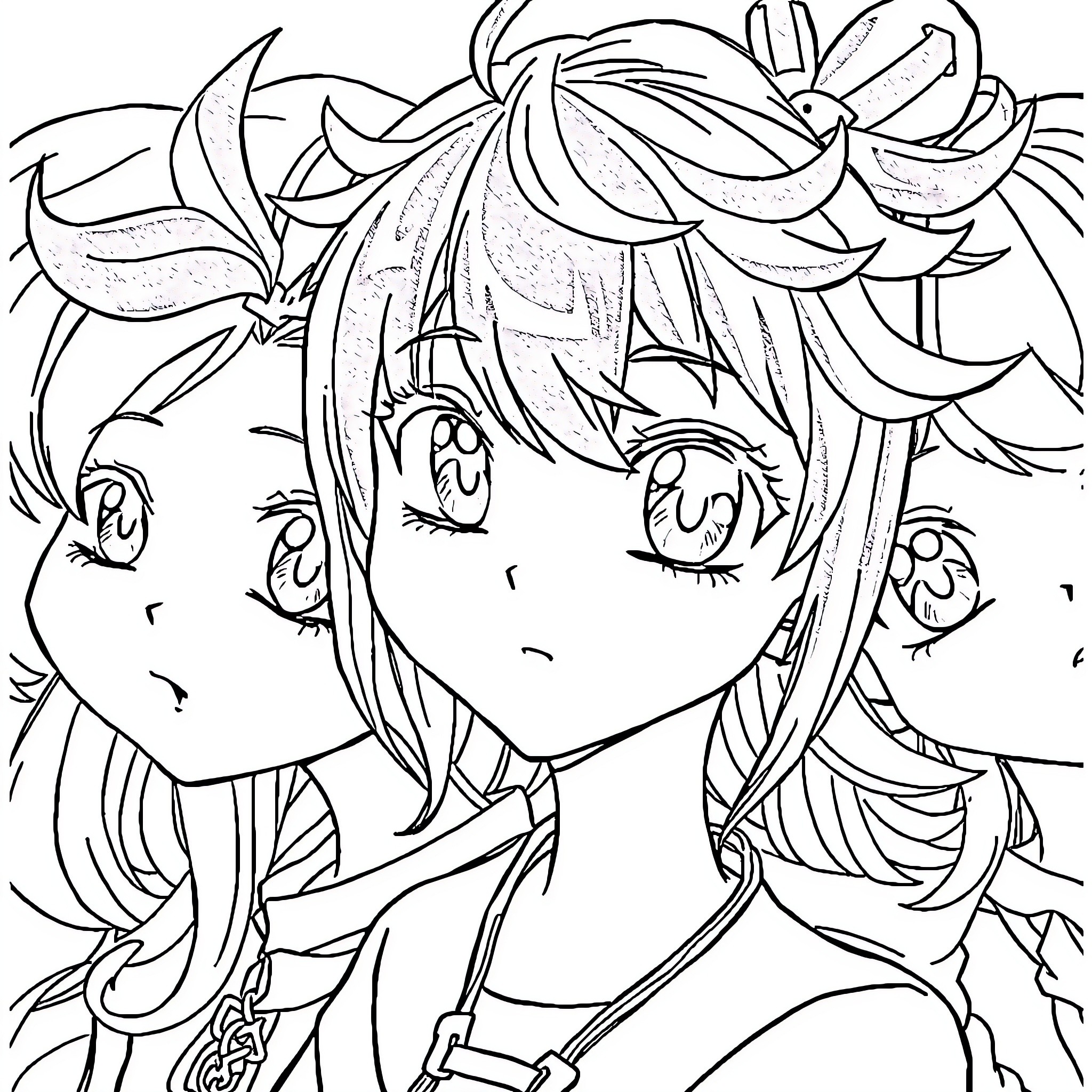 Anime Girl with Flowery Hairstyle Coloring Page (free black-and-white line drawing printable PDF for all, from beginners to advanced learners, including children, teens, adults, and seniors)