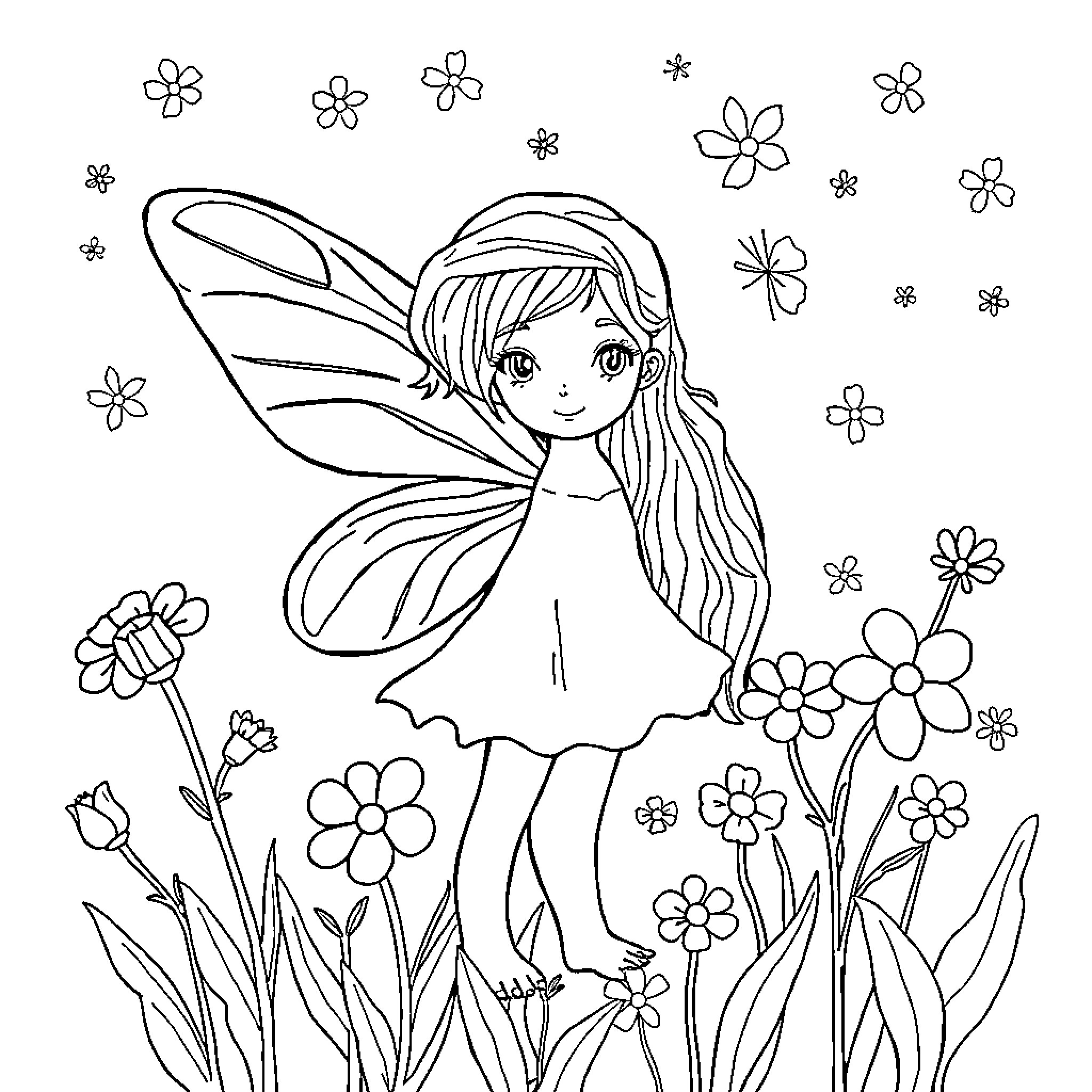 Drawing of a fairy in a flower garden Coloring Page (free black-and-white line drawing printable PDF for all, from beginners to advanced learners, including children, teens, adults, and seniors)