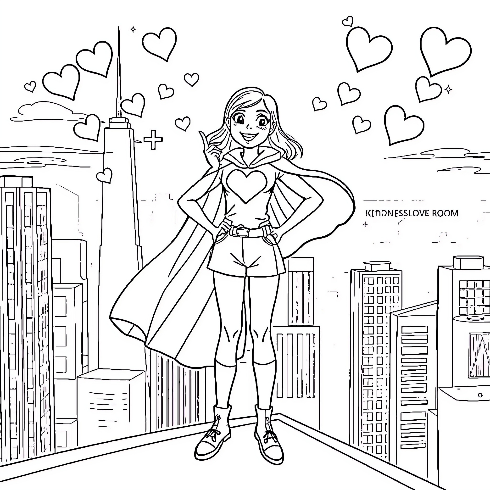 Superhero Girl saving the city with love and kindness Coloring Page (free black-and-white line drawing printable PDF for all, from beginners to advanced learners, including children, teens, adults, and seniors)