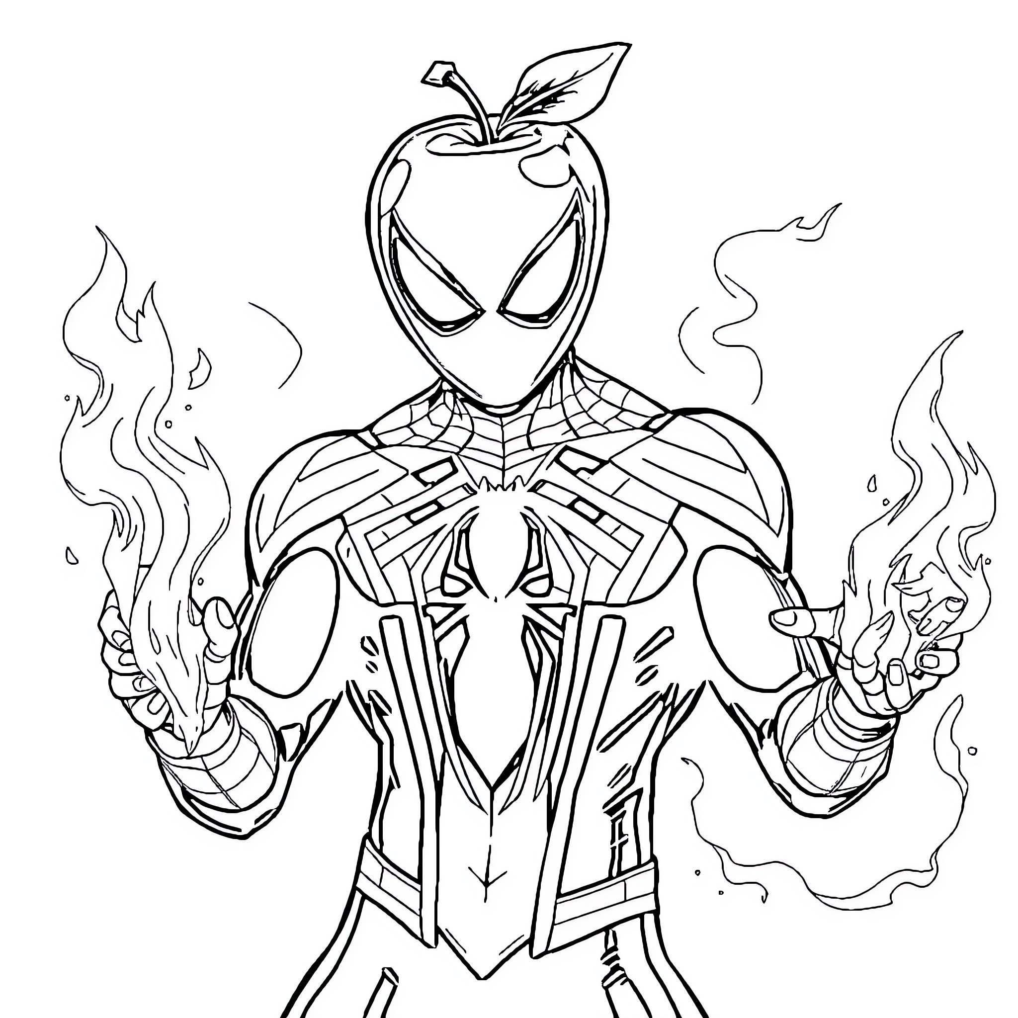 Spider-Man battles with fiery determination Coloring Page (free black-and-white line drawing printable PDF for all, from beginners to advanced learners, including children, teens, adults, and seniors)