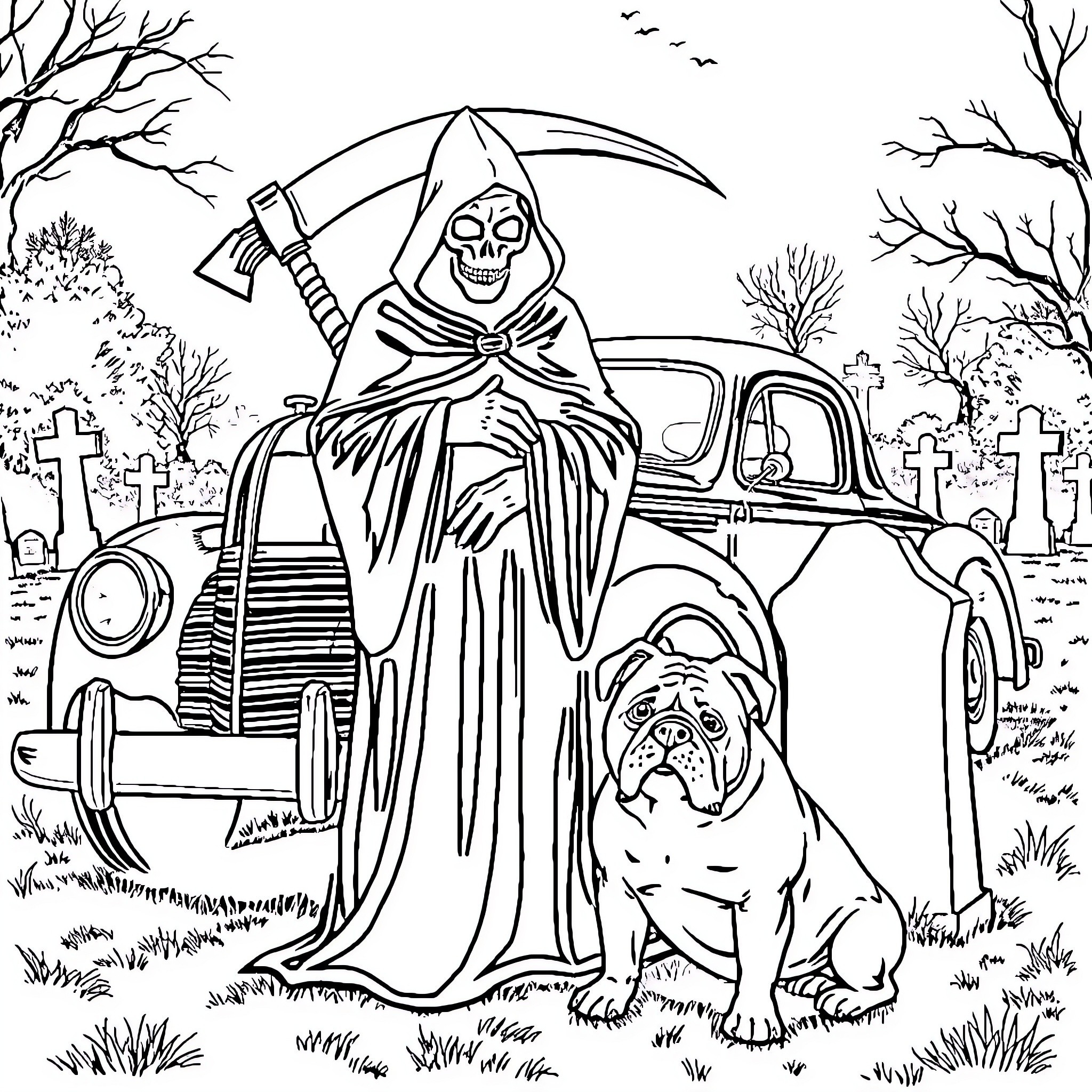 Grim Reaper Stalking a Graveyard with an Old Car Coloring Page (free black-and-white line drawing printable PDF for all, from beginners to advanced learners, including children, teens, adults, and seniors)