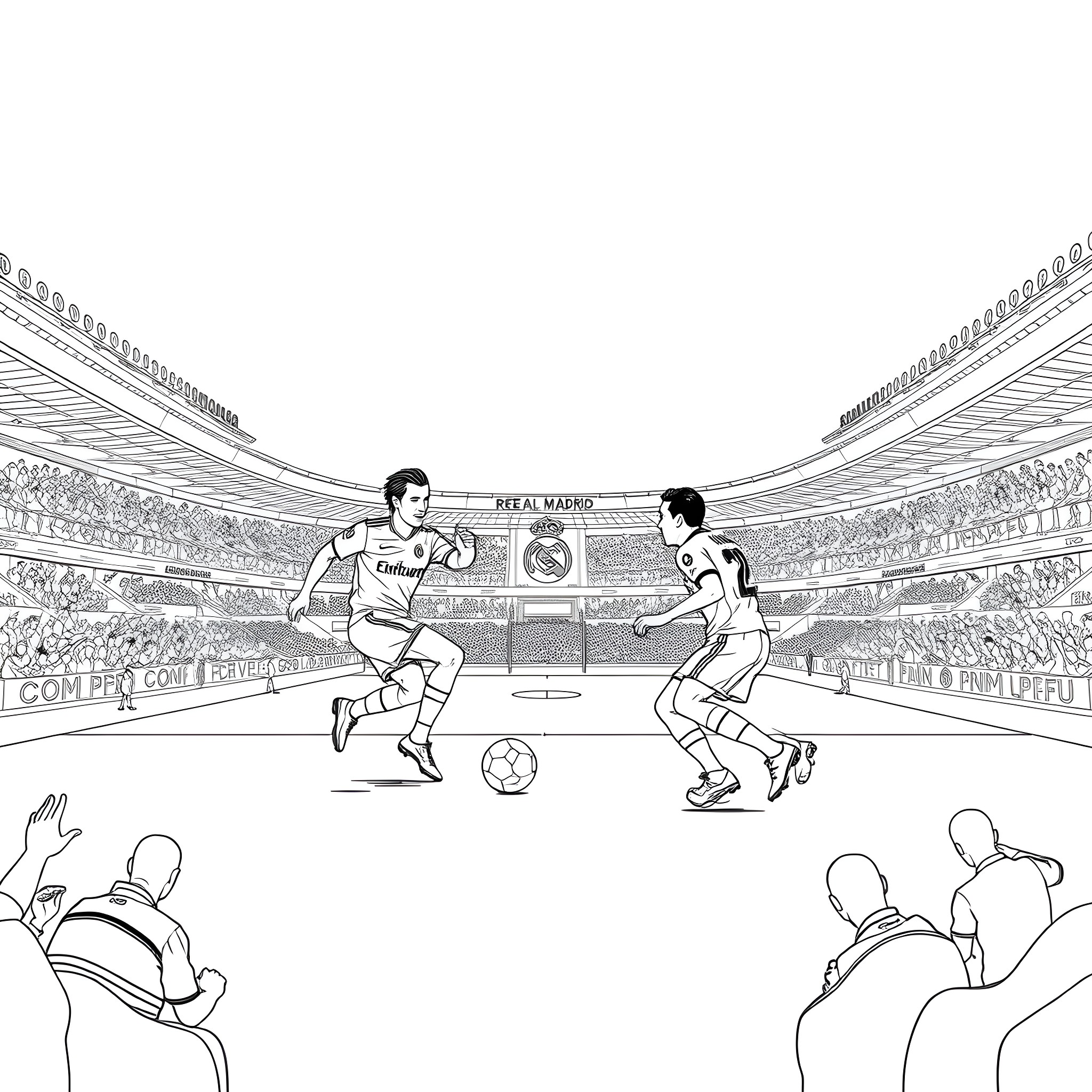 Real Madrid players in action on the soccer field Coloring Page (free black-and-white line drawing printable PDF for all, from beginners to advanced learners, including children, teens, adults, and seniors)