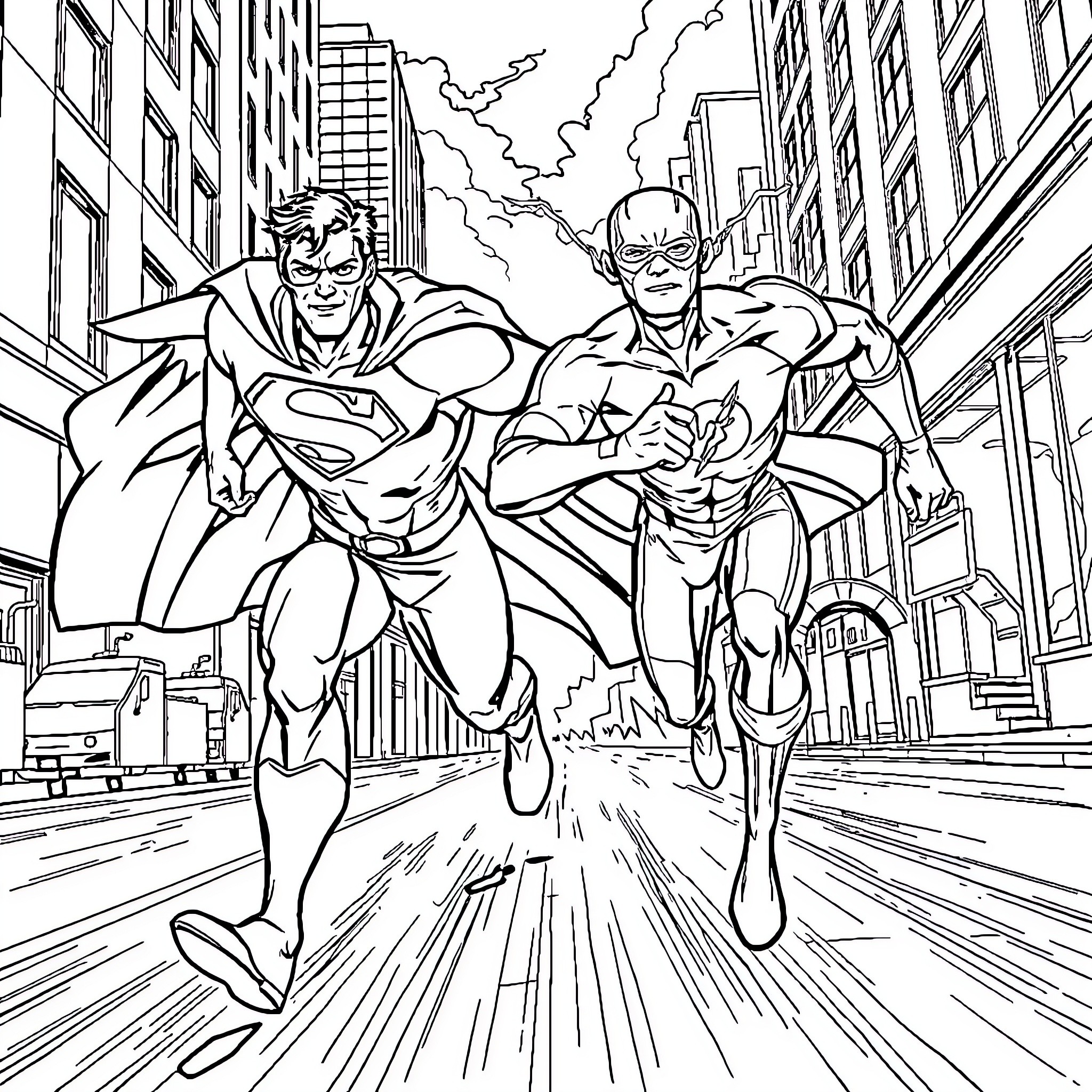 Superman and Flash racing through the city Coloring Page (free black-and-white line drawing printable PDF for all, from beginners to advanced learners, including children, teens, adults, and seniors)