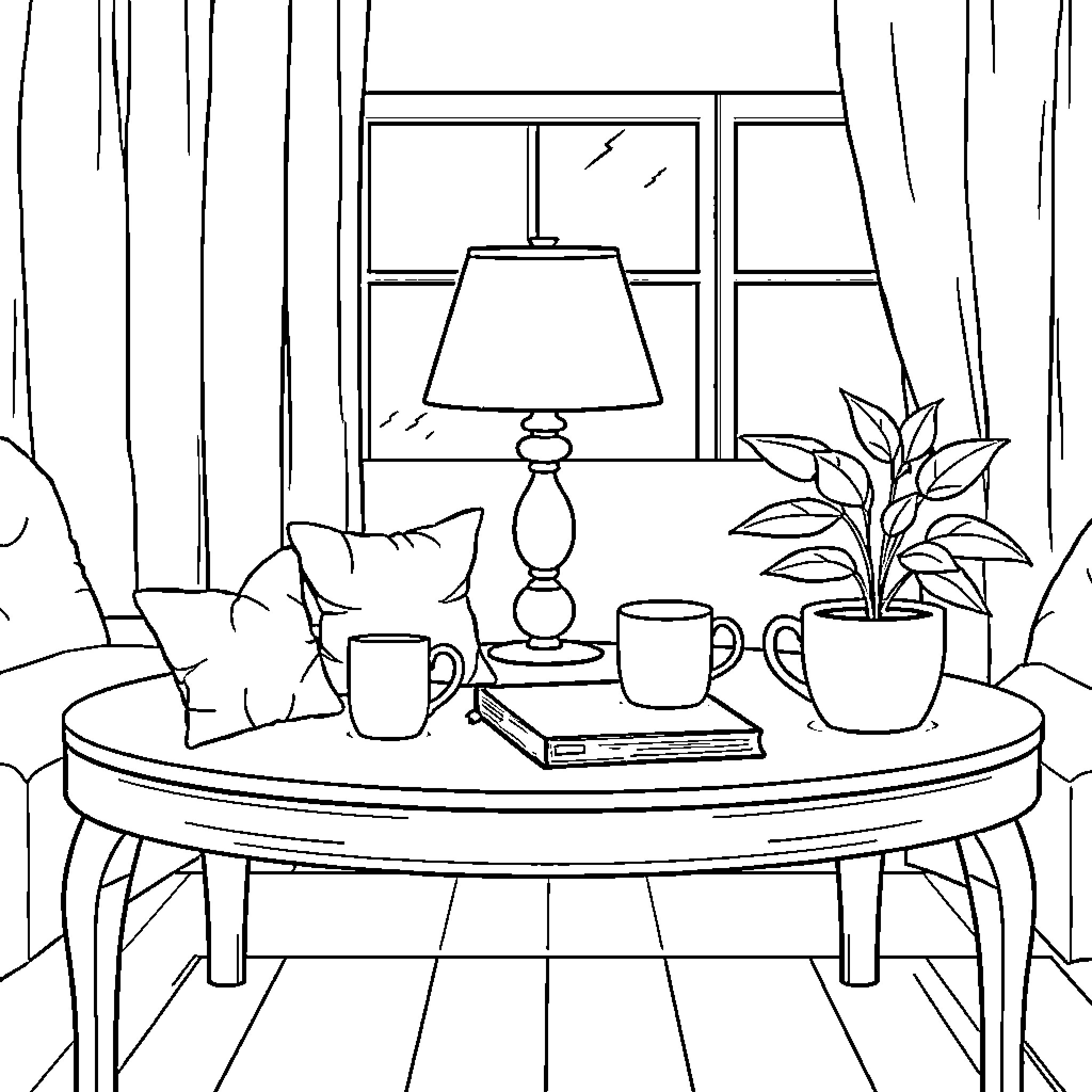 Household Item Cozy Living Room Scene Coloring Page (free black-and-white line drawing printable PDF for all, from beginners to advanced learners, including children, teens, adults, and seniors)