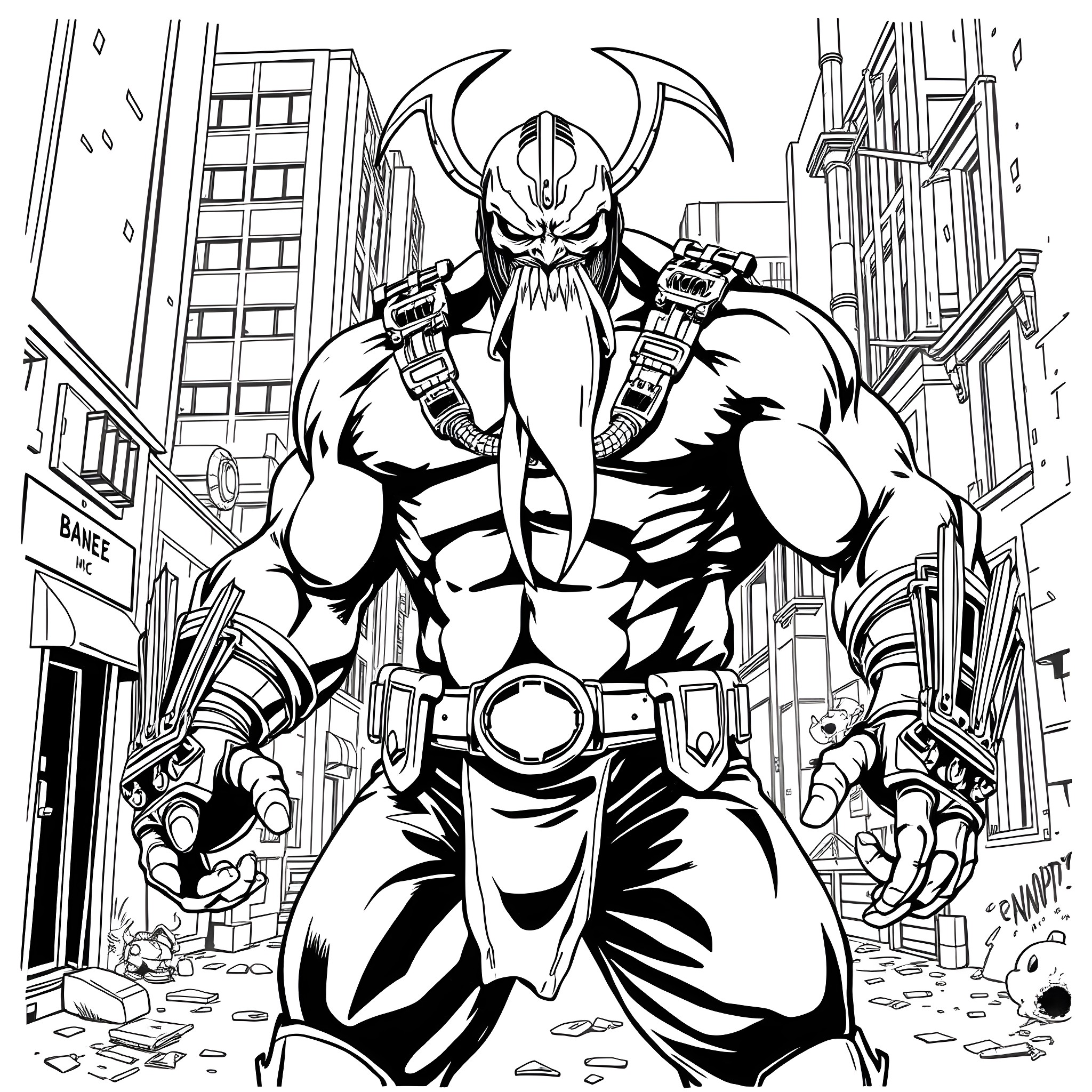 Bane's Rampage through the City Coloring Page (free black-and-white line drawing printable PDF for all, from beginners to advanced learners, including children, teens, adults, and seniors)
