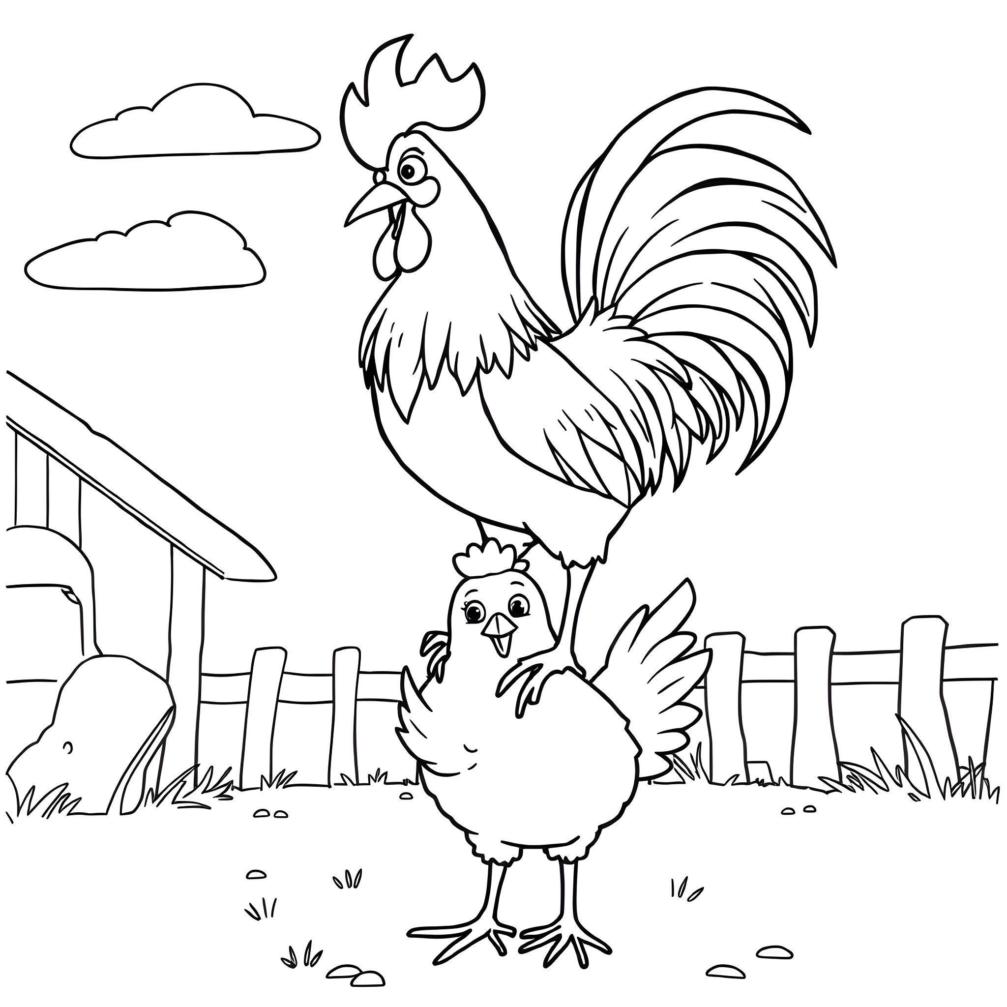 Jockey rooster and chick in the farmyard Coloring Page (free black-and-white line drawing printable PDF for all, from beginners to advanced learners, including children, teens, adults, and seniors)