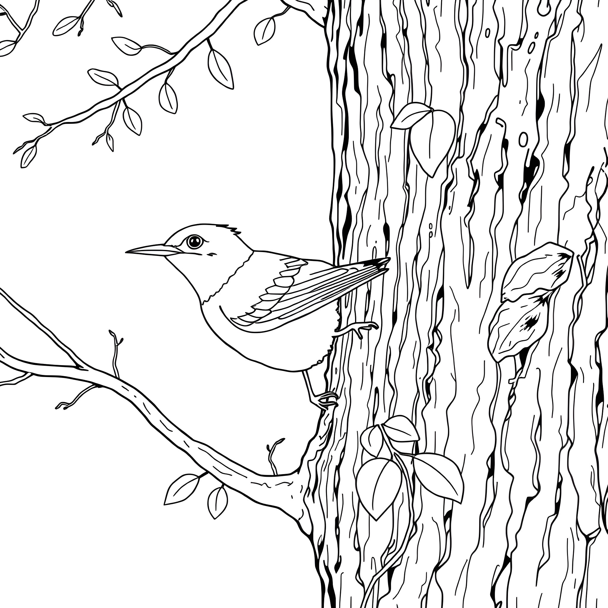 Dacnis bird perching on tree trunk Coloring Page (free black-and-white line drawing printable PDF for all, from beginners to advanced learners, including children, teens, adults, and seniors)