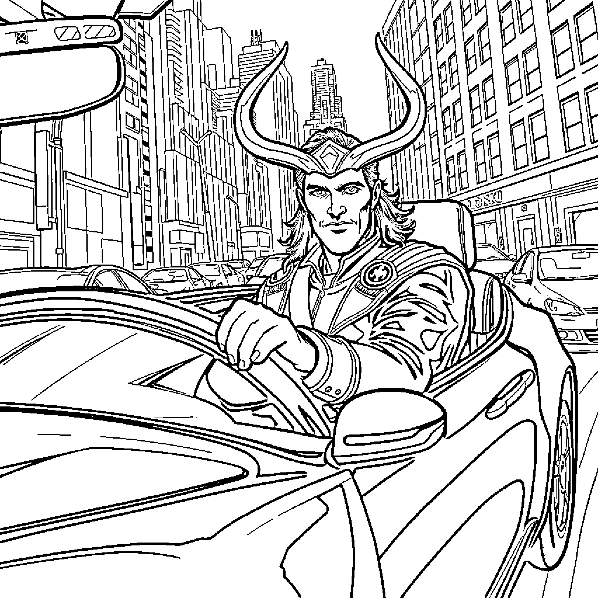 Loki driving a car through the city Coloring Page (free black-and-white line drawing printable PDF for all, from beginners to advanced learners, including children, teens, adults, and seniors)