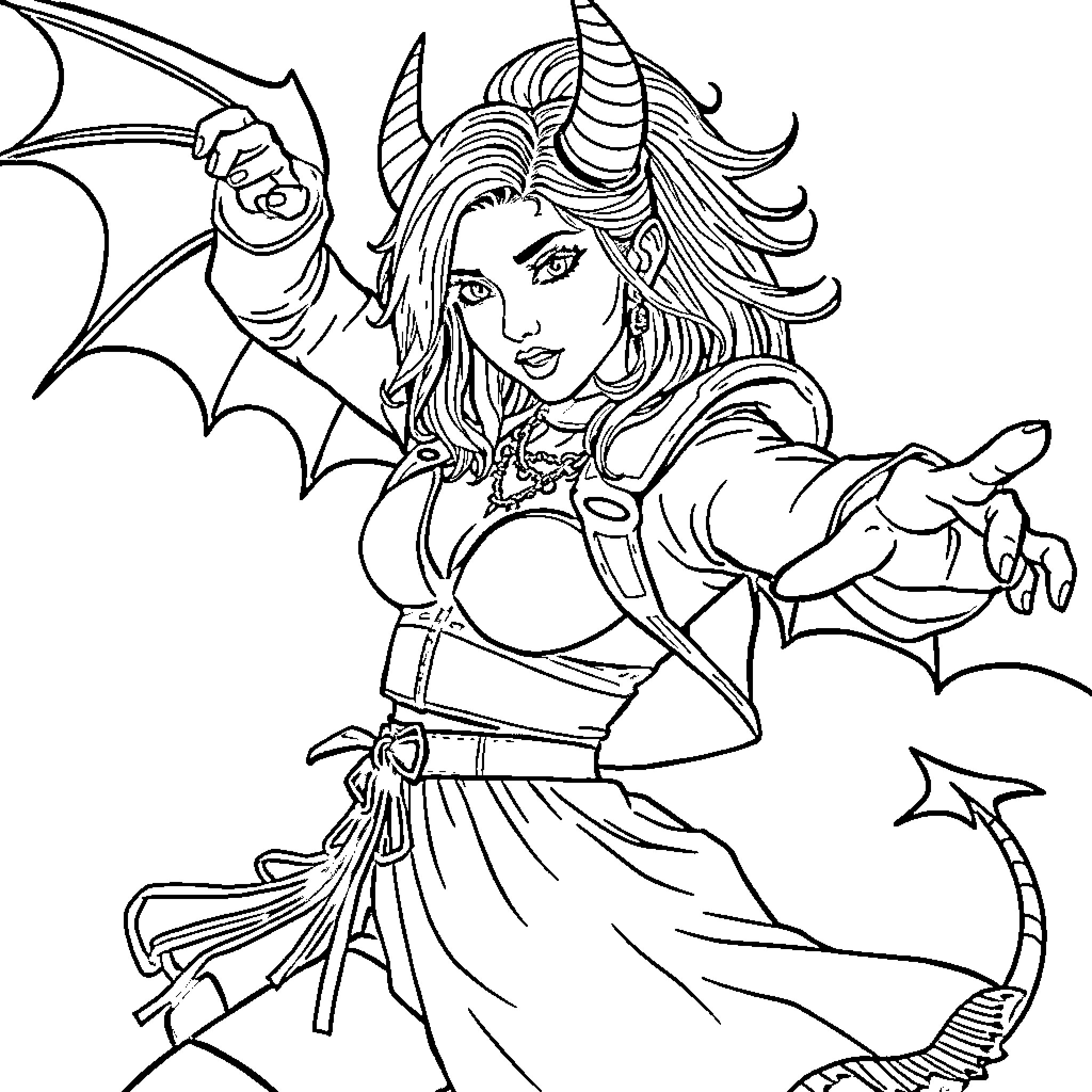 Rumi, the Fearless Demon Queen Coloring Page (free black-and-white line drawing printable PDF for all, from beginners to advanced learners, including children, teens, adults, and seniors)