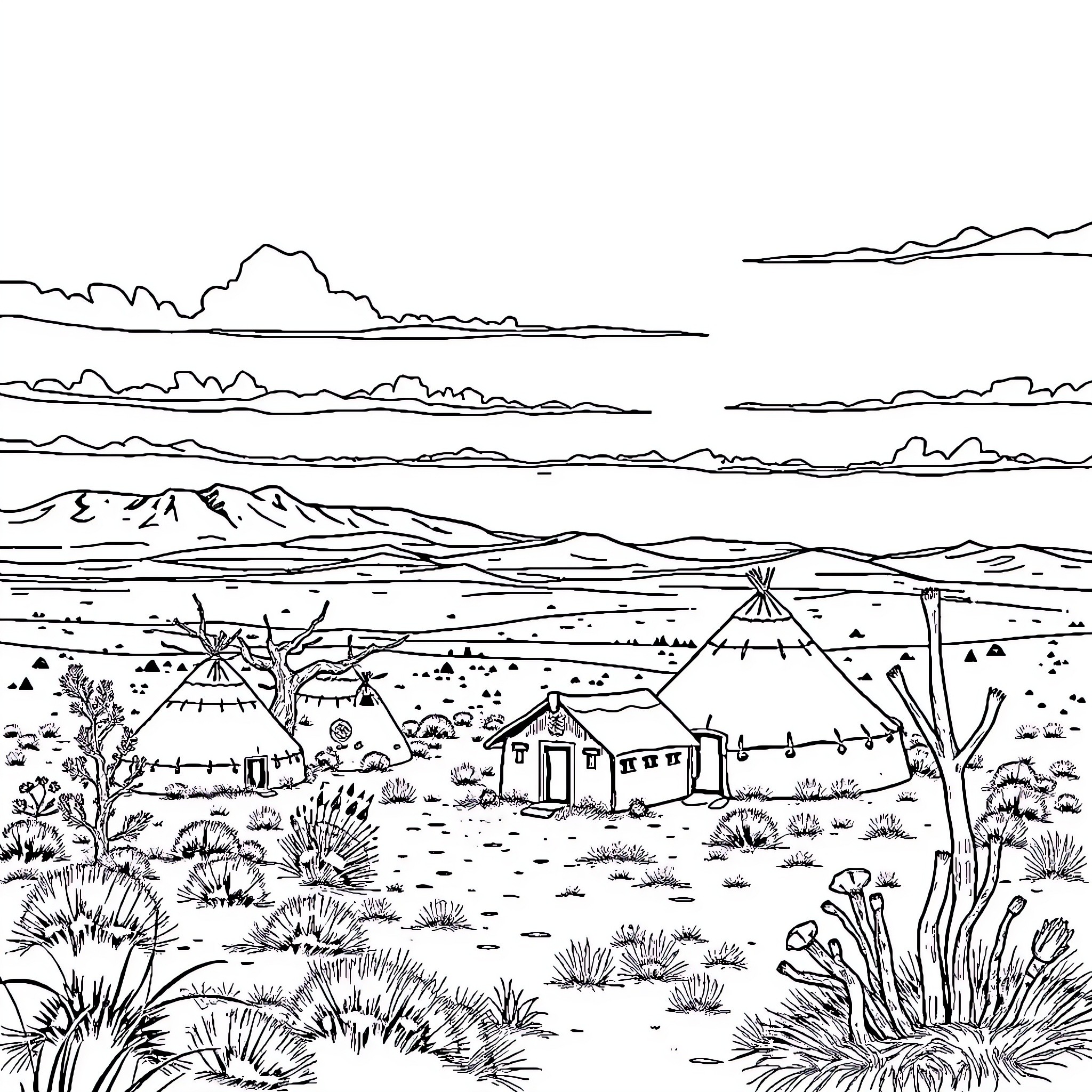 Navajo Reservation with Traditional Dwellings and Landscape Coloring Page (free black-and-white line drawing printable PDF for all, from beginners to advanced learners, including children, teens, adults, and seniors)