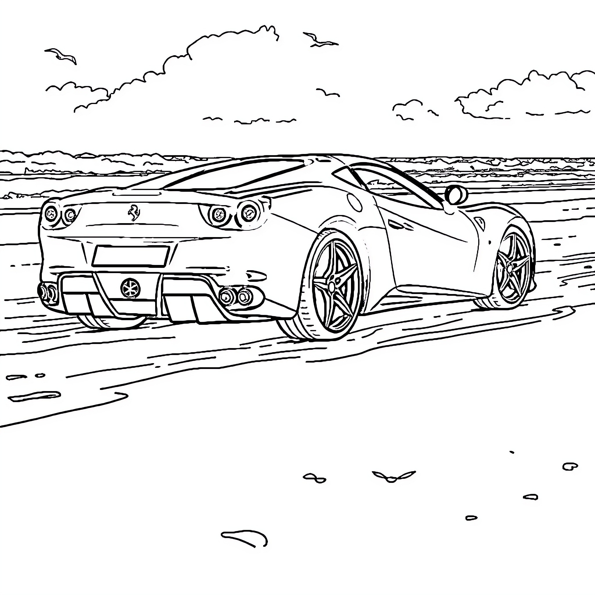 Ferrari sports car speeding on the open road Coloring Page (free black-and-white line drawing printable PDF for all, from beginners to advanced learners, including children, teens, adults, and seniors)