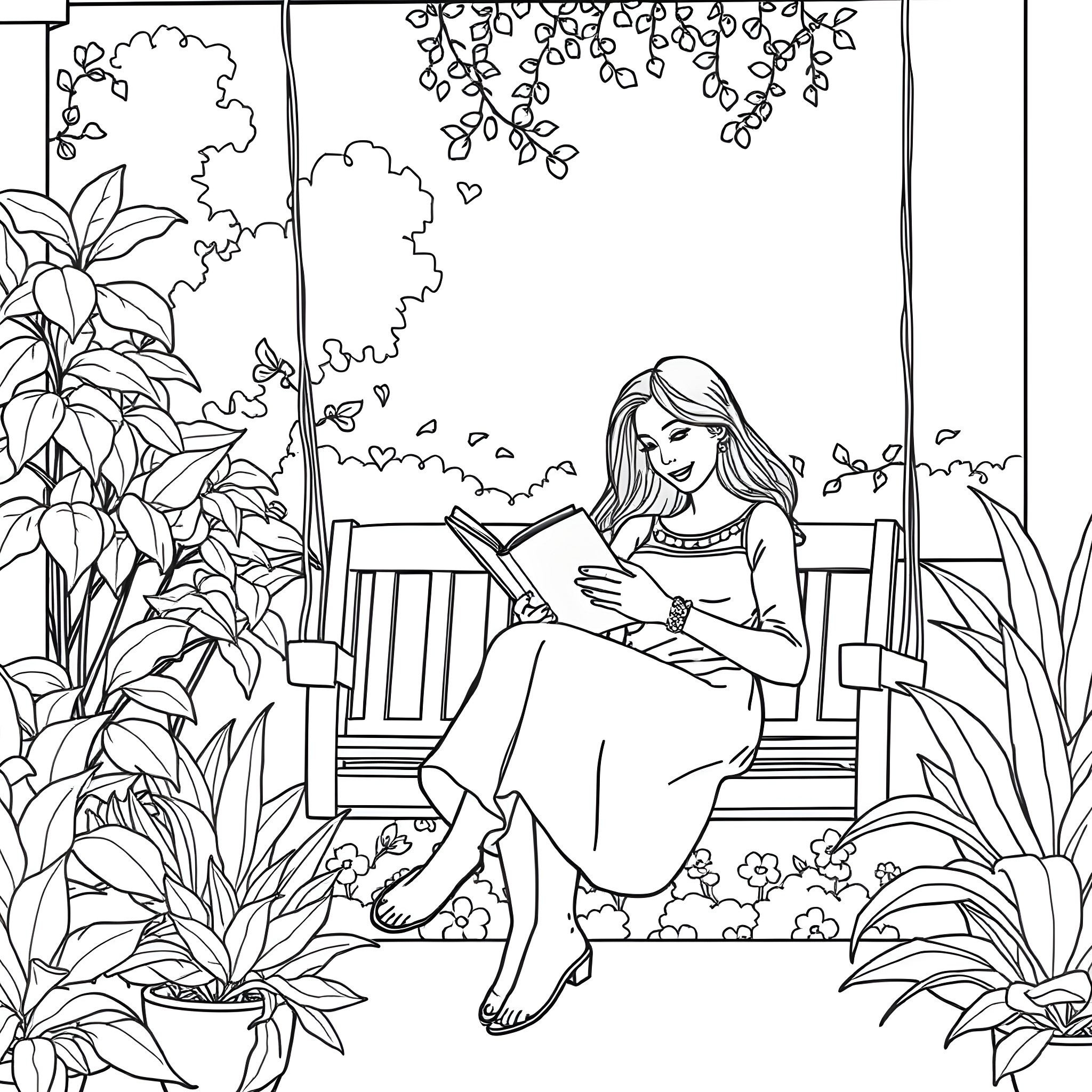 Woman relaxing in a serene garden Coloring Page (free black-and-white line drawing printable PDF for all, from beginners to advanced learners, including children, teens, adults, and seniors)