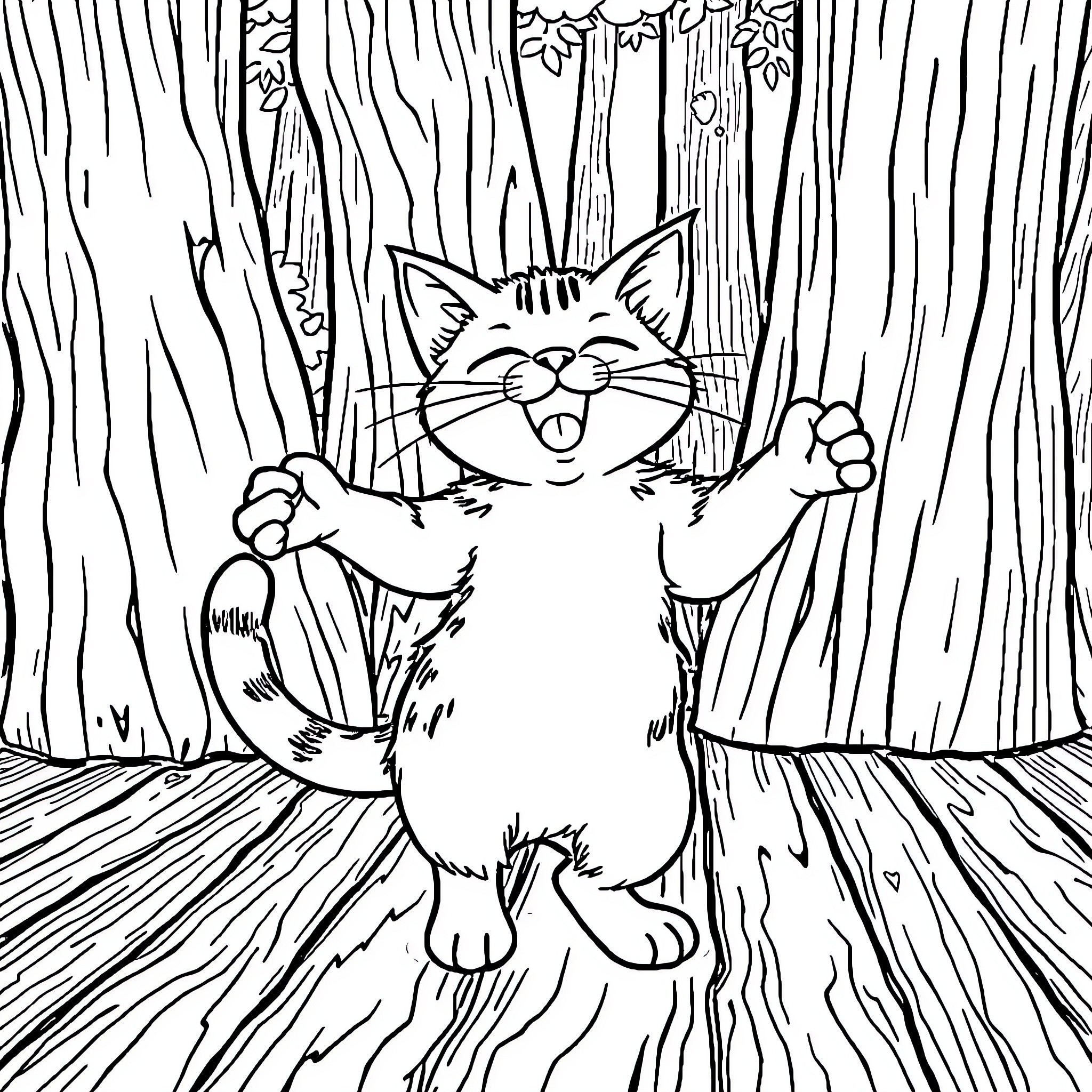 Cat joyfully stretching in the forest Coloring Page (free black-and-white line drawing printable PDF for all, from beginners to advanced learners, including children, teens, adults, and seniors)