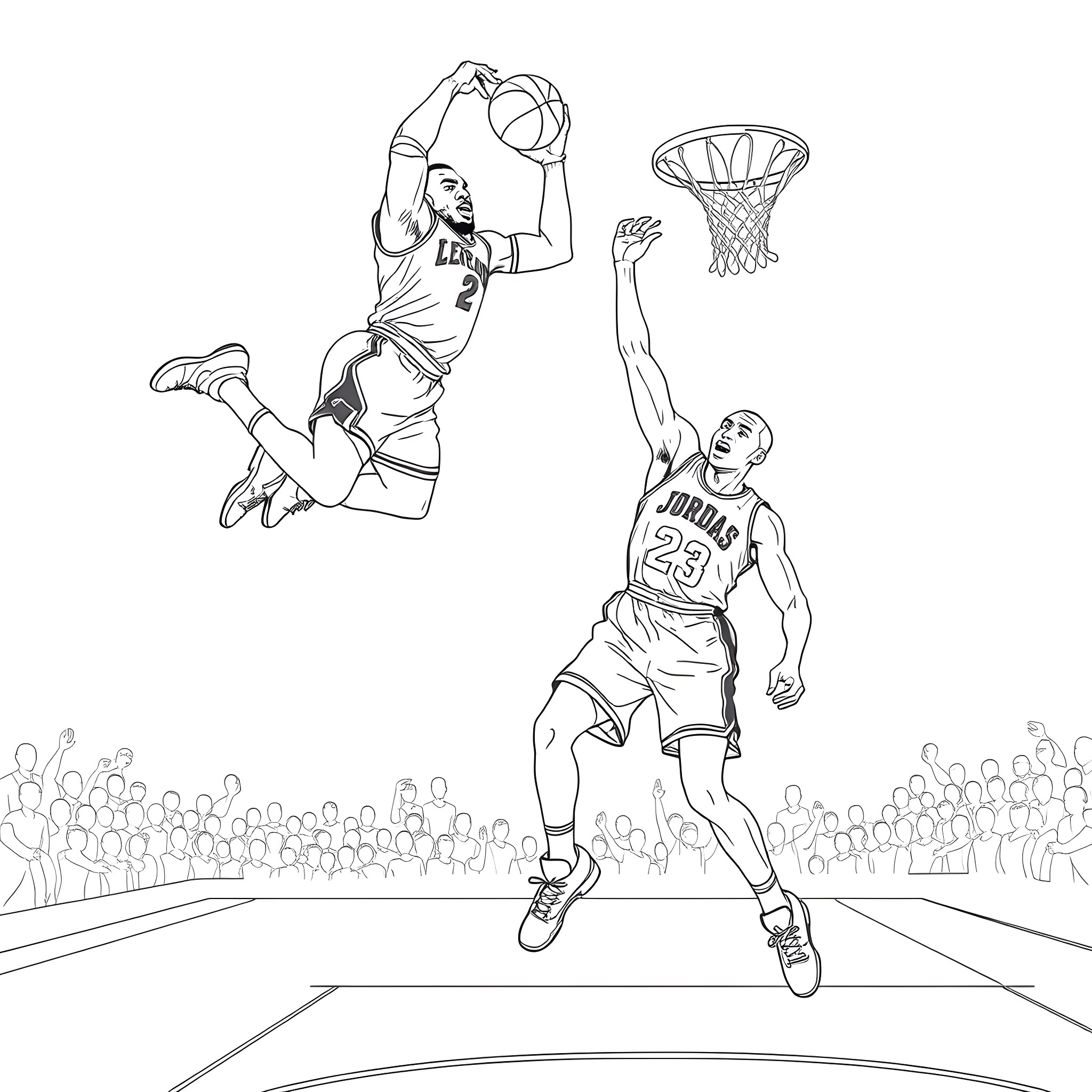 LeBron James and Michael Jordan Dunking in Basketball Game Coloring Page (free black-and-white line drawing printable PDF for all, from beginners to advanced learners, including children, teens, adults, and seniors)