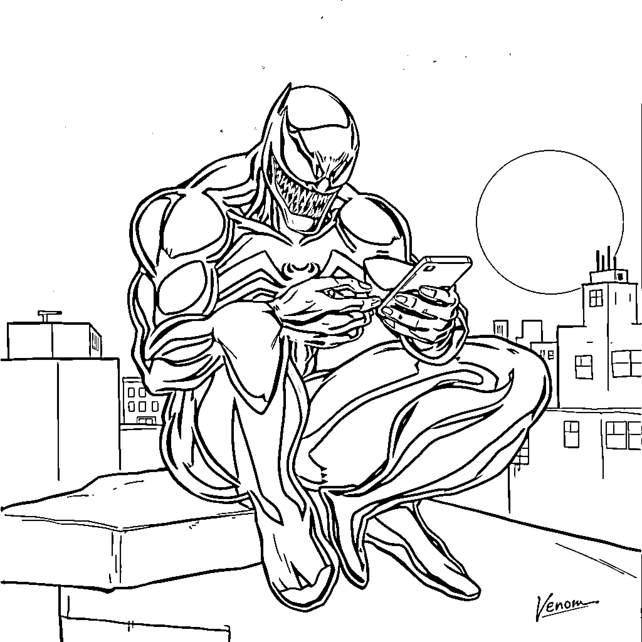 Venom engaging with technology in the city Coloring Page (free black-and-white line drawing printable PDF for all, from beginners to advanced learners, including children, teens, adults, and seniors)