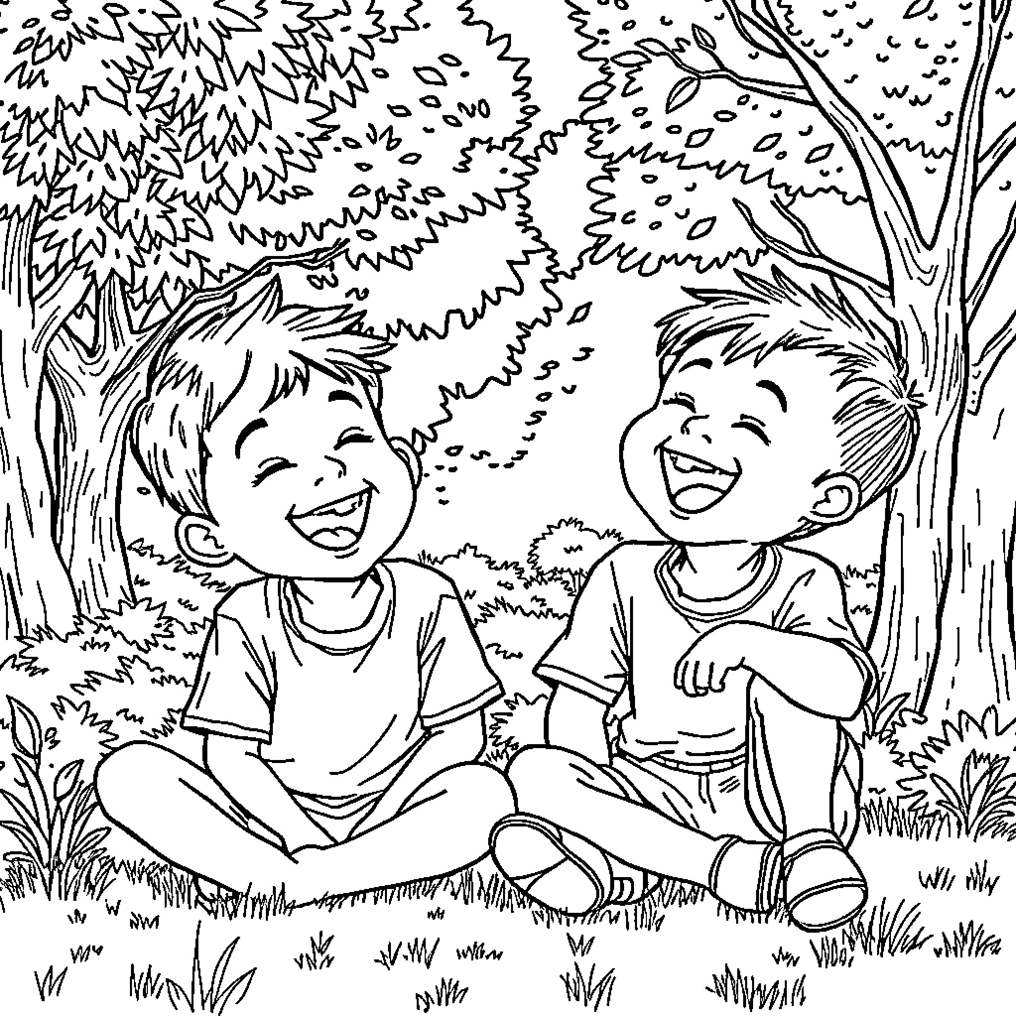 Boy sharing joyful moment with friend in forest Coloring Page (free black-and-white line drawing printable PDF for all, from beginners to advanced learners, including children, teens, adults, and seniors)