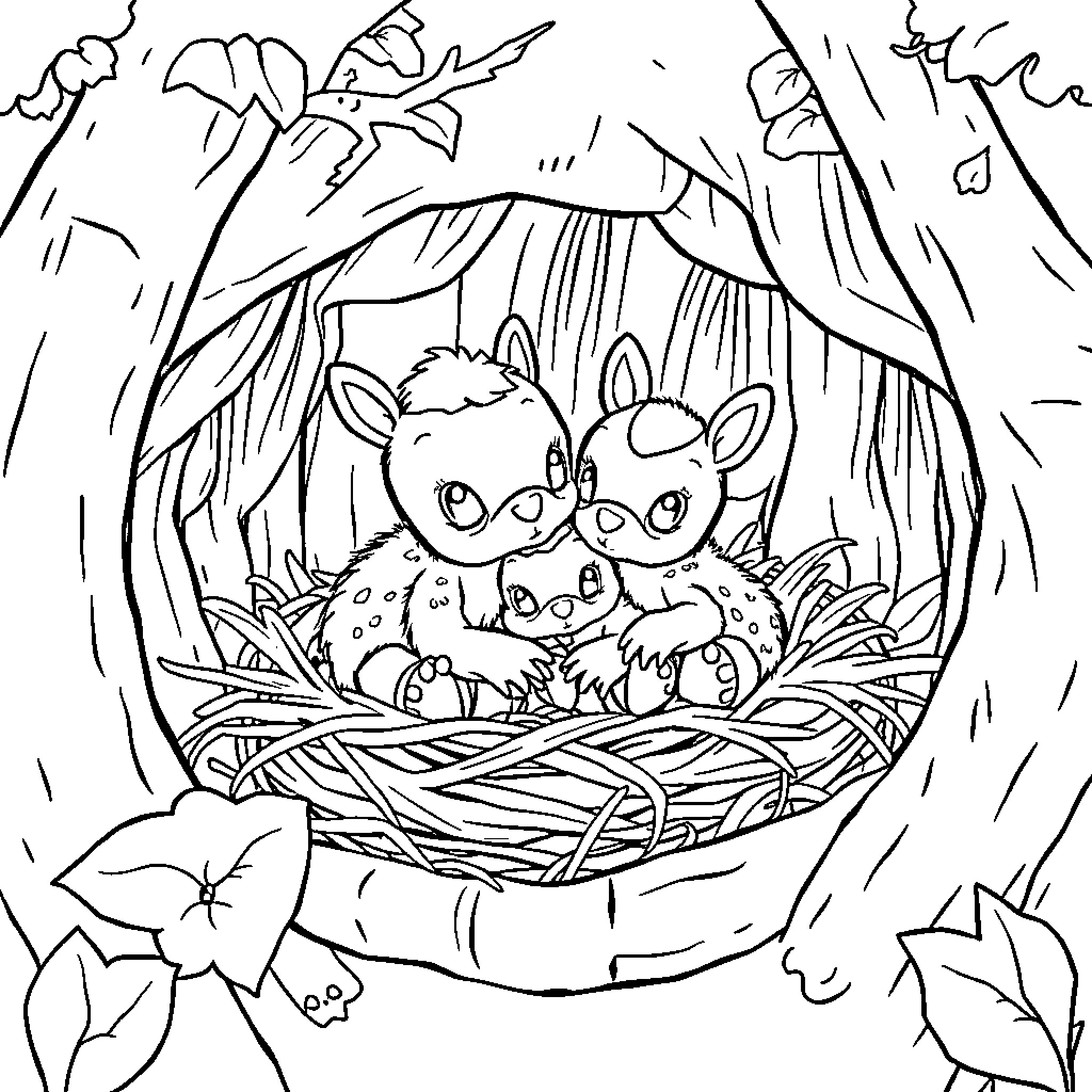 Mouse family cuddling in cozy nest Coloring Page (free black-and-white line drawing printable PDF for all, from beginners to advanced learners, including children, teens, adults, and seniors)