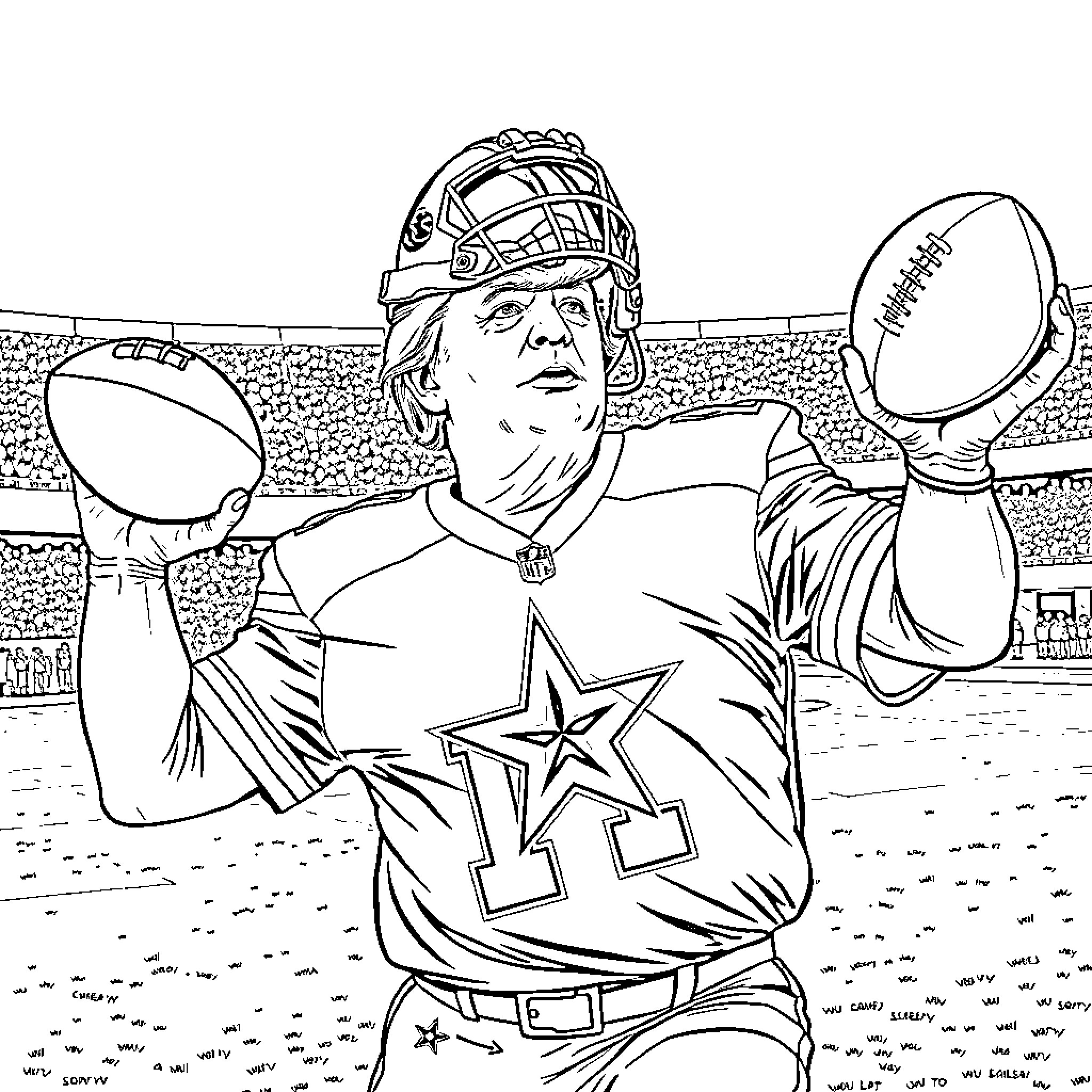 Trump playing American football on the field Coloring Page (free black-and-white line drawing printable PDF for all, from beginners to advanced learners, including children, teens, adults, and seniors)
