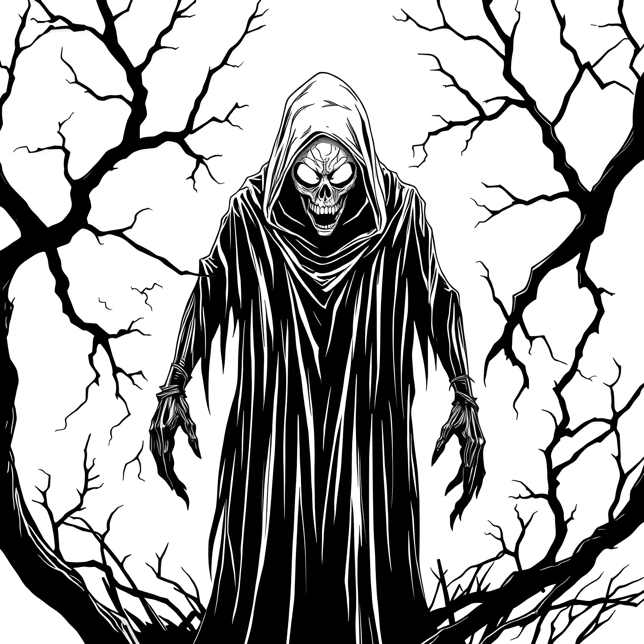 Human figure in dark, spooky forest Coloring Page (free black-and-white line drawing printable PDF for all, from beginners to advanced learners, including children, teens, adults, and seniors)